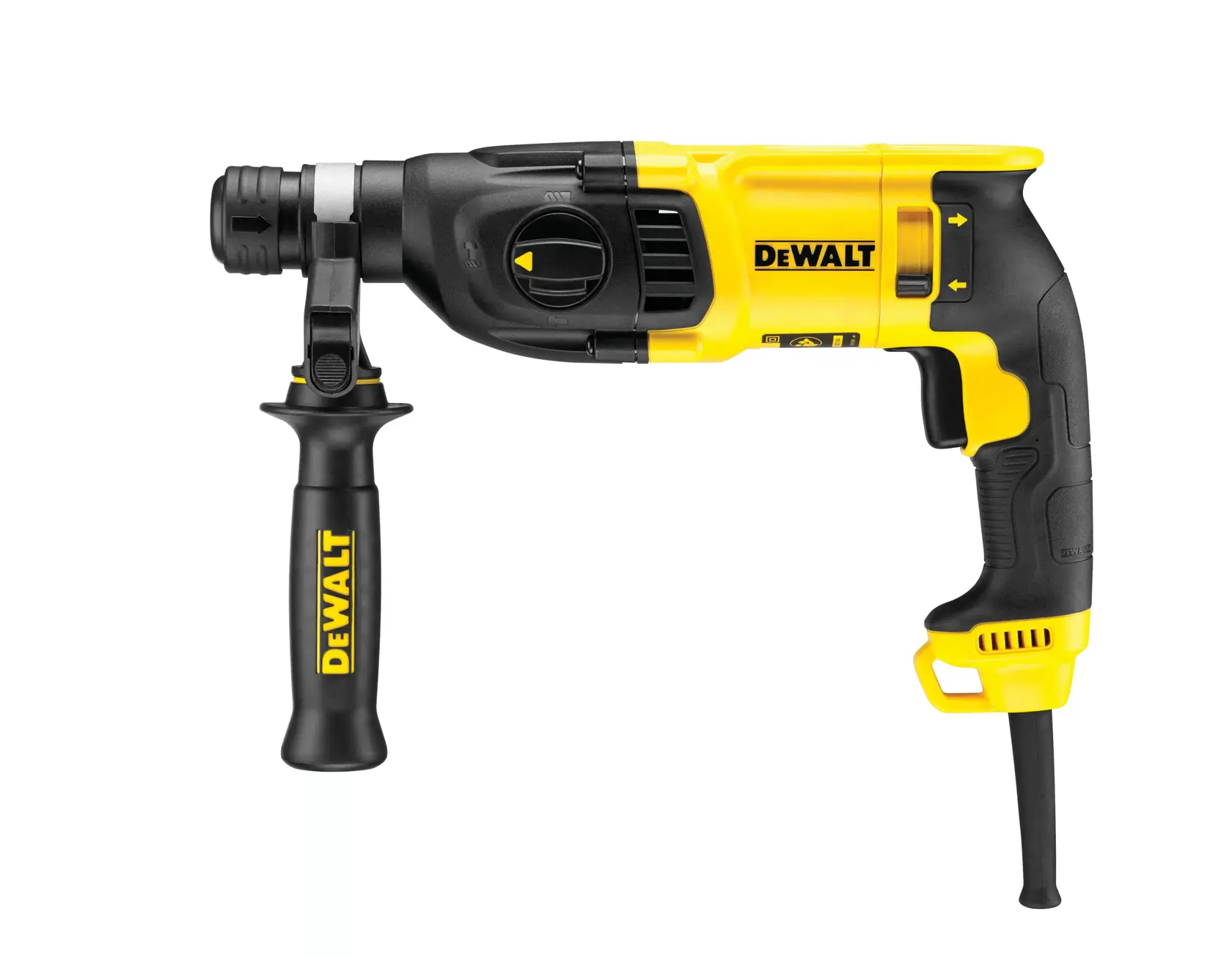 Une perceuse à marteau rotative filaire DEWALT D25133K au design noir et jaune, avec une poignée latérale et une jauge de profondeur.