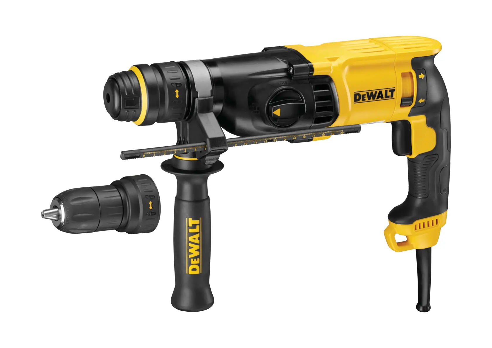 Ein gelber und schwarzer DEWALT-Bohrhammer mit Seitengriff, Tiefenmesser und einem austauschbaren Bohrfutter.