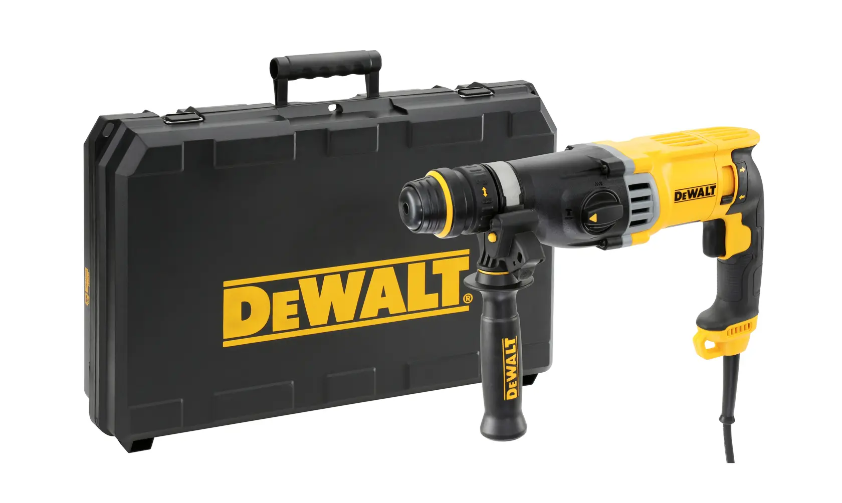 Ein gelber und schwarzer kabelgebundener DEWALT Drehhammer mit Zusatzgriff, gezeigt neben einem stabilen schwarzen Transportkoffer mit DEWALT-Logo.