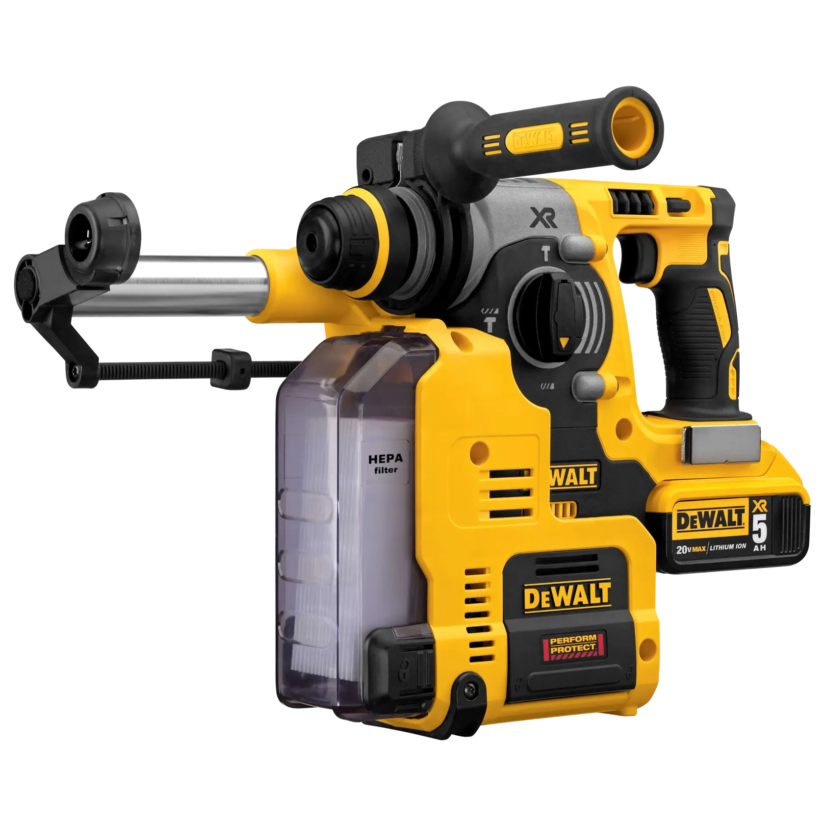 Ein gelber und schwarzer DEWALT Akku-Bohrhammer mit HEPA-Filter-Staubabsaugung, 20V Lithium-Ionen-Akku und ergonomischem Griff.