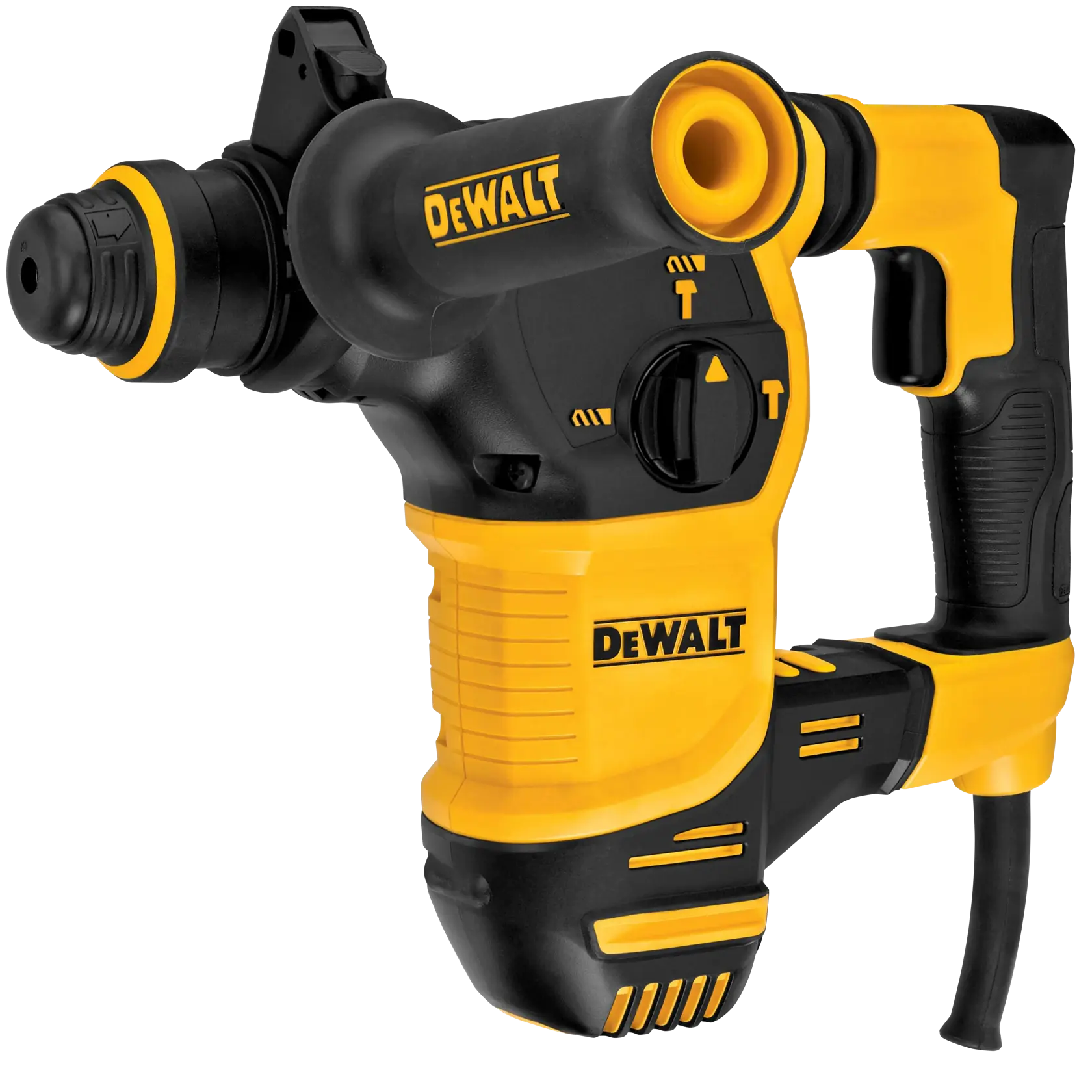 Ein Bauarbeiter mit Schutzhelm und reflektierender Weste verwendet ein DEWALT D25333K Elektrowerkzeug, um eine Betonwand auf einer Baustelle zu bohren.