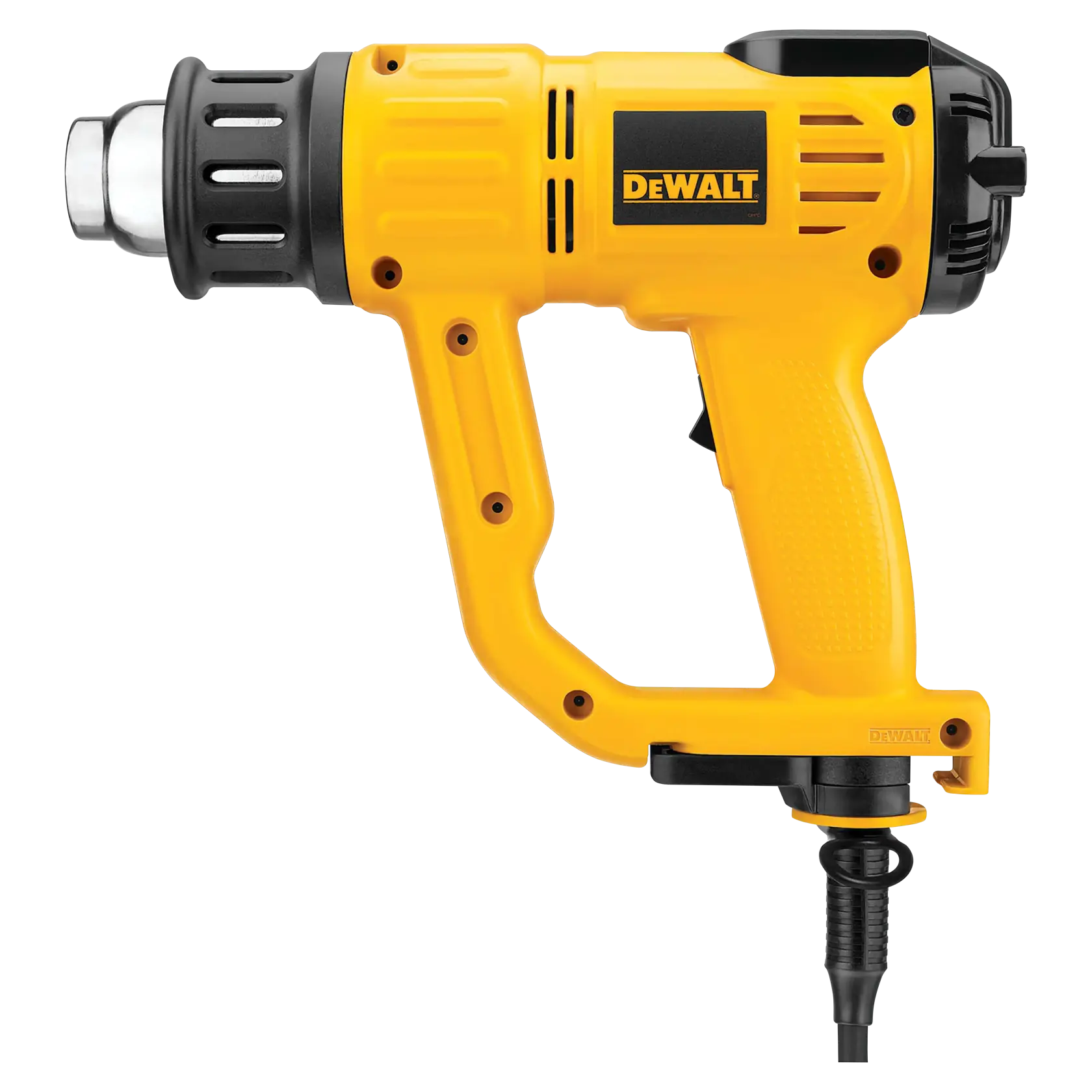 Ein gelb-schwarzer DEWALT-Heißluftgebläse mit Netzkabel, ergonomischem Griff und Metaldüse, abgebildet vor weißem Hintergrund.