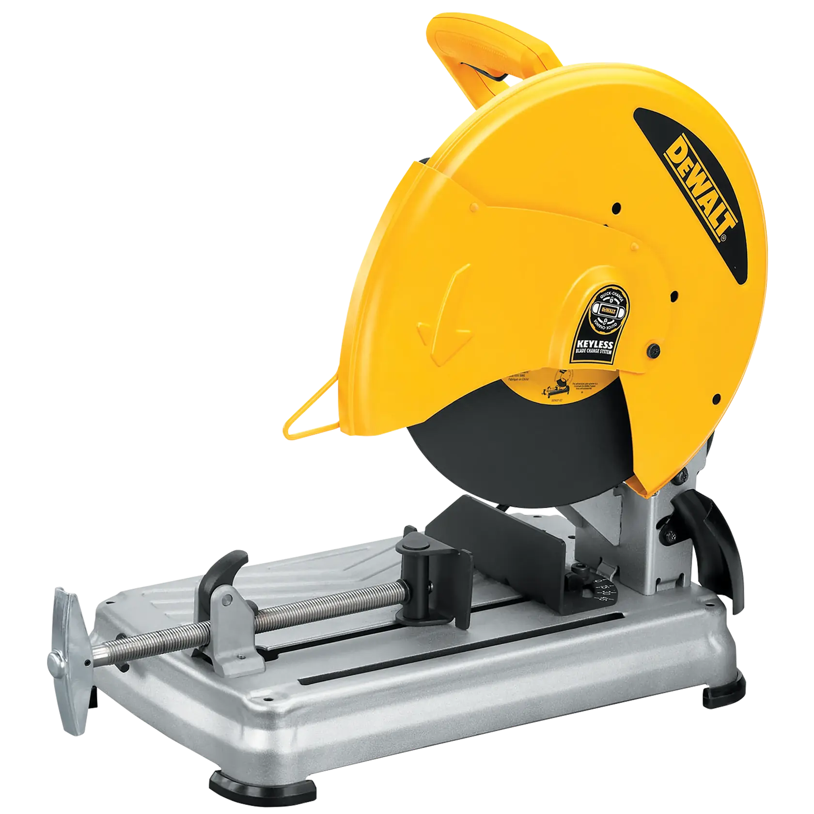Eine DEWALT Metalltrennsäge mit großem gelbem Schutz, montiert auf einem stabilen silbernen Sockel mit einer Klemme zum Fixieren von Materialien. Die Säge ist für präzises Schneiden von Metallwerkstücken ausgelegt.