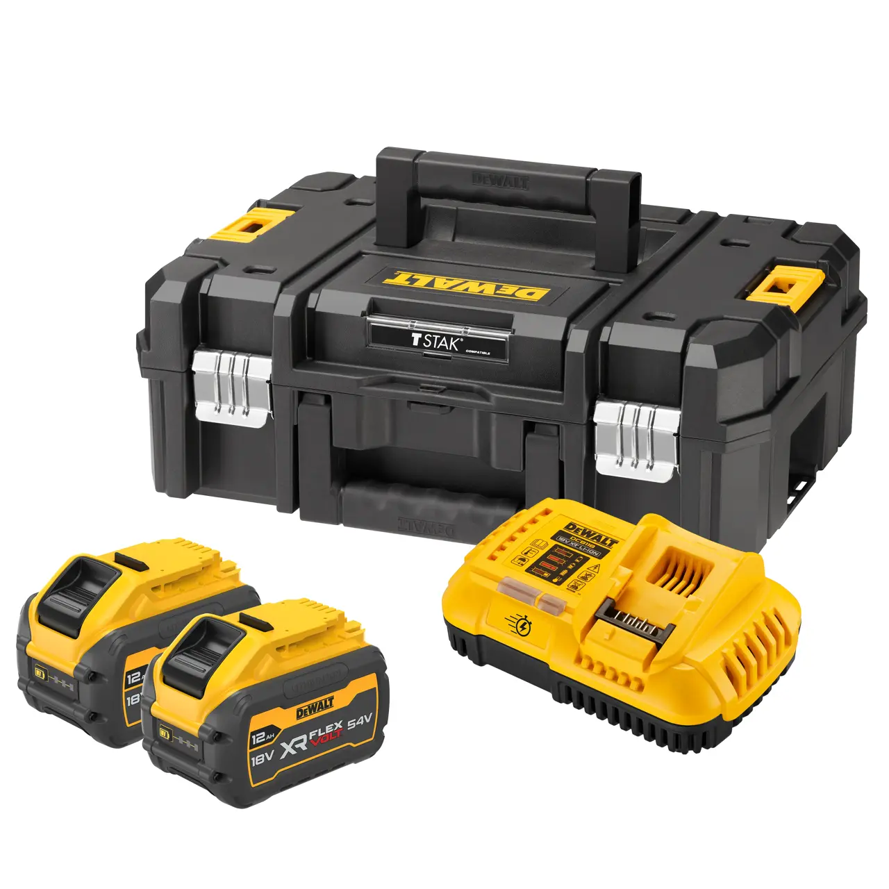 54 Volt / 216 Wh XR FLEXVOLT Tabless Akku-Starter-Set, inklusive 2x Akku und 1x Schnellladegerät DCB118-QW und TSTACK-Box
