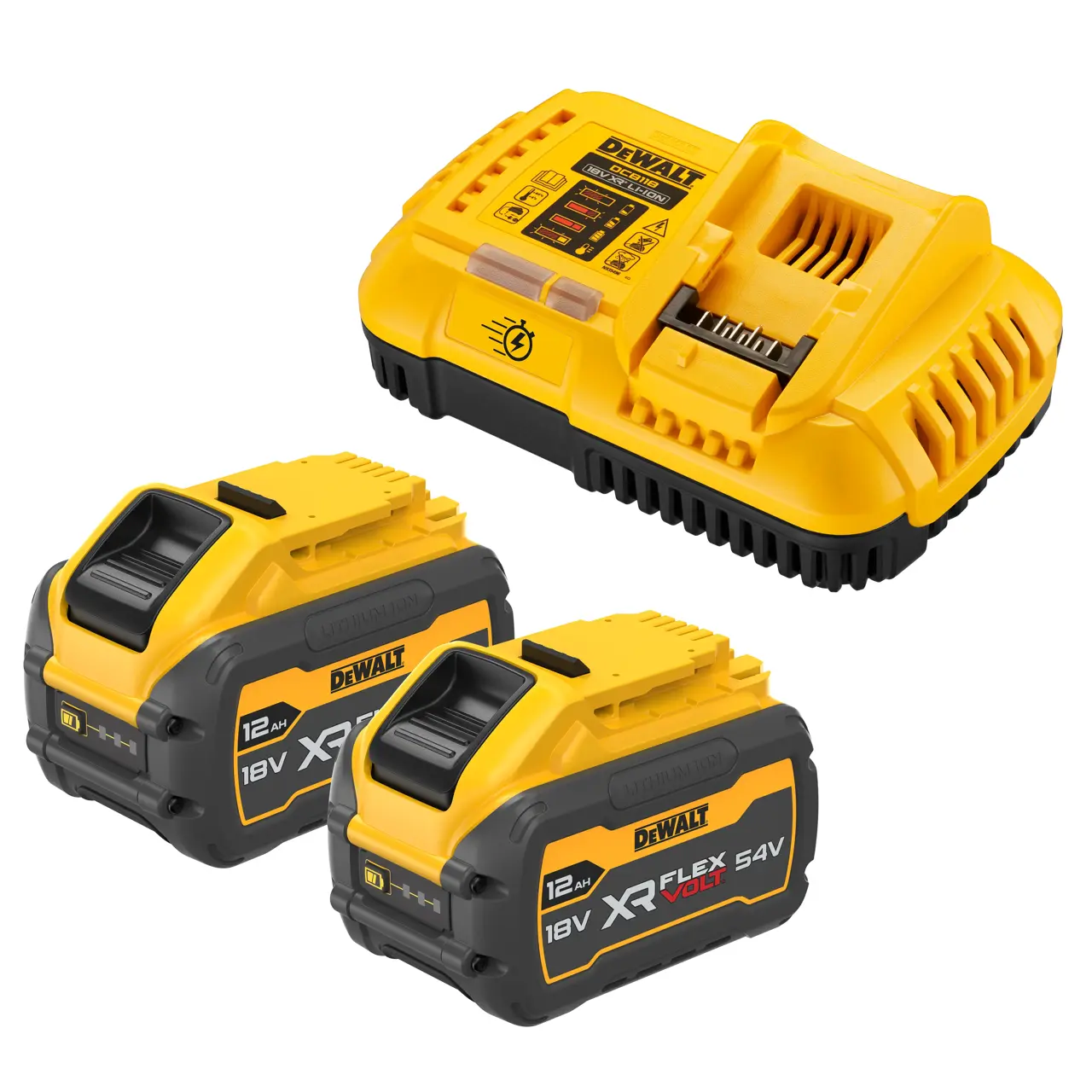 54 Volt / 216 Wh XR FLEXVOLT Tabless Akku-Starter-Set, inklusive 2x Akku und 1x Schnellladegerät DCB118-QW