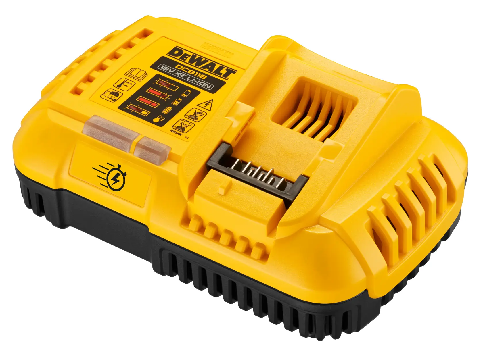DEWALT gelbes Ladegerät, SKUs DCB118XY2T-QW, DCB118, DCB118XY2-QW, DCB118-B1, auf weißem Hintergrund.
