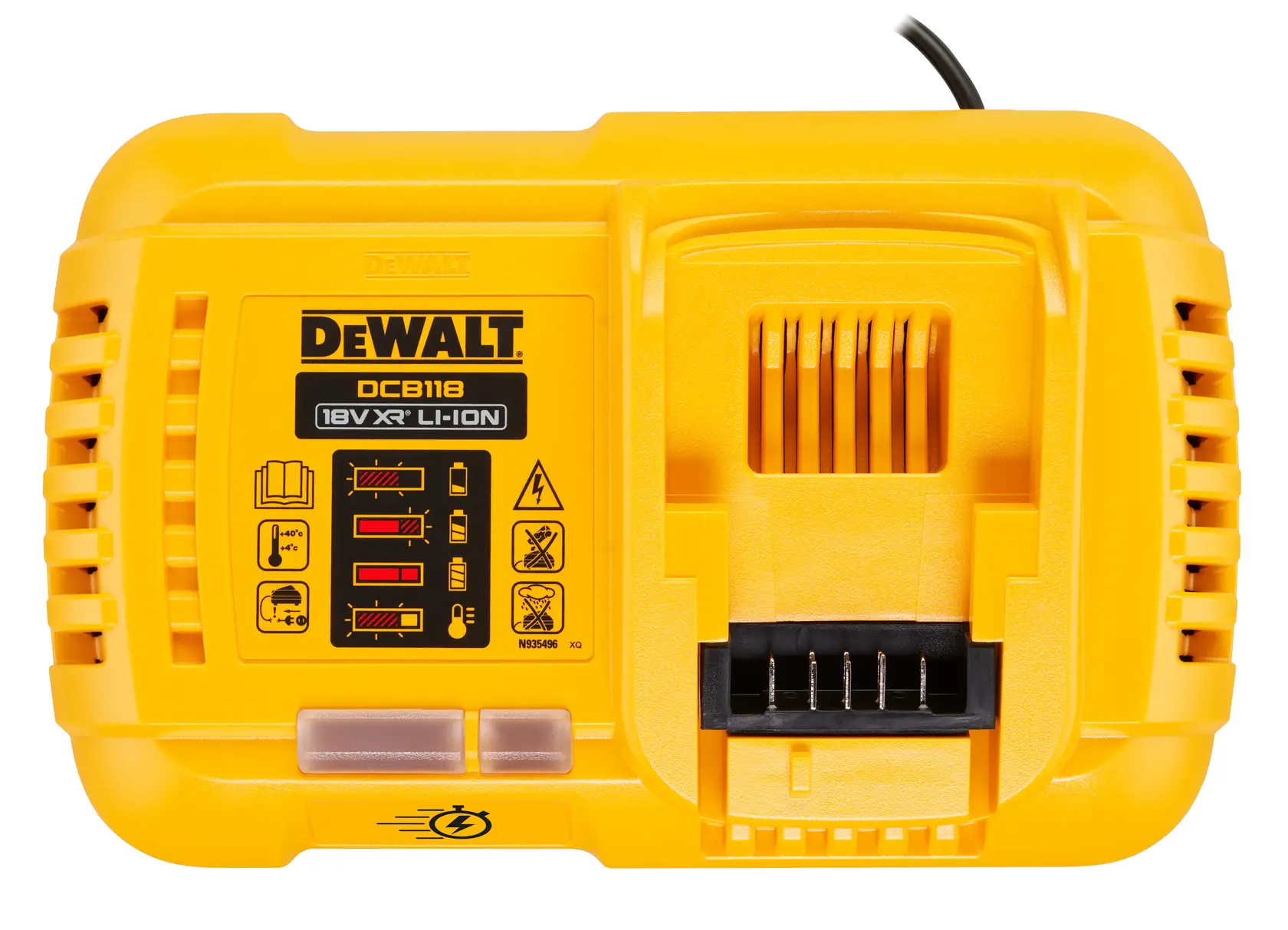 Foto DEWALT Akkulader, Vorderansicht, SKUs DCB118XY2T-QW, DCB118, DCB118XY2-QW, DCB118-B1, gelber Kunststoff.