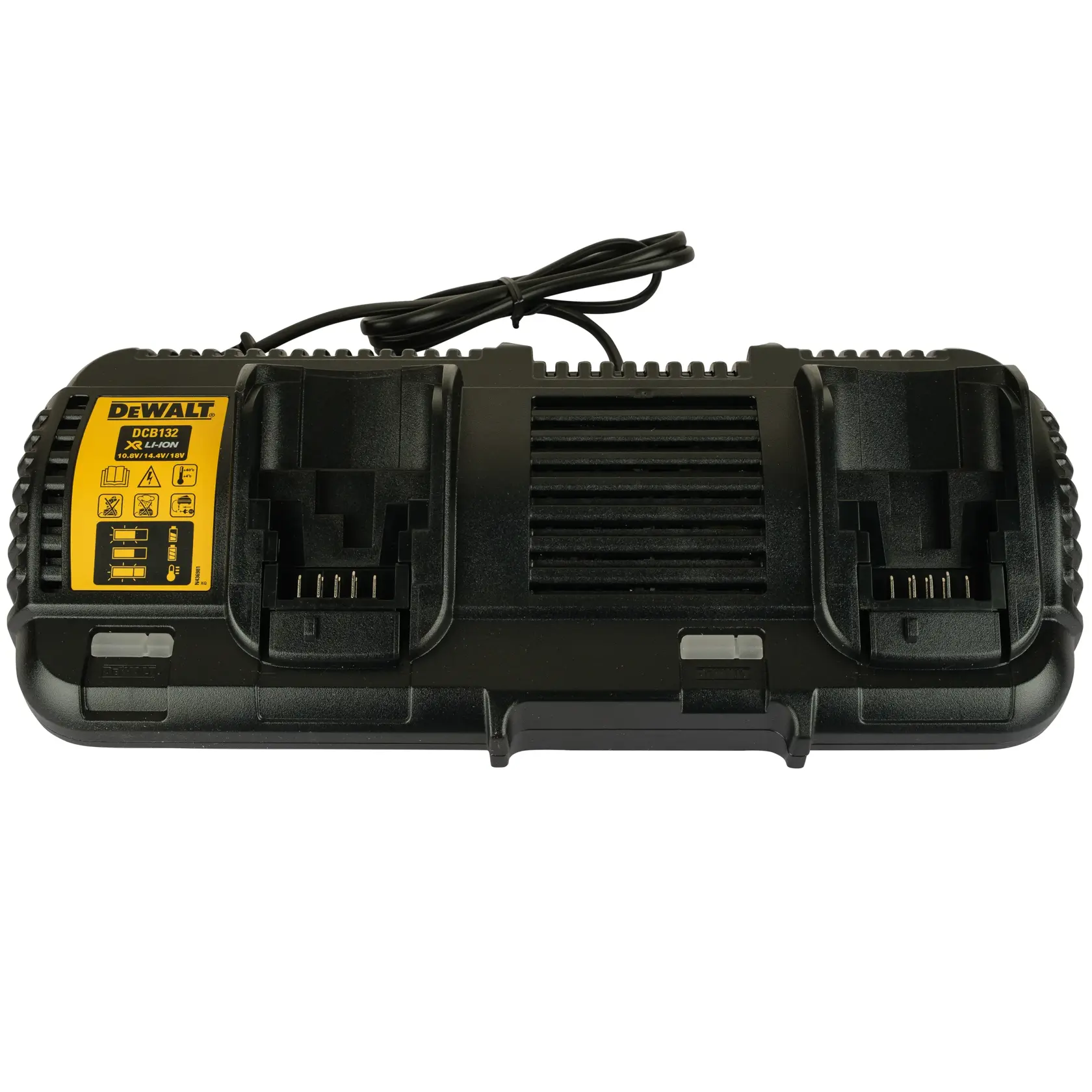 DEWALT FLEXVOLT Logo mit DEWALT in fettgedruckten gelben Buchstaben und FLEXVOLT in weißen und roten Buchstaben auf schwarzem Hintergrund.