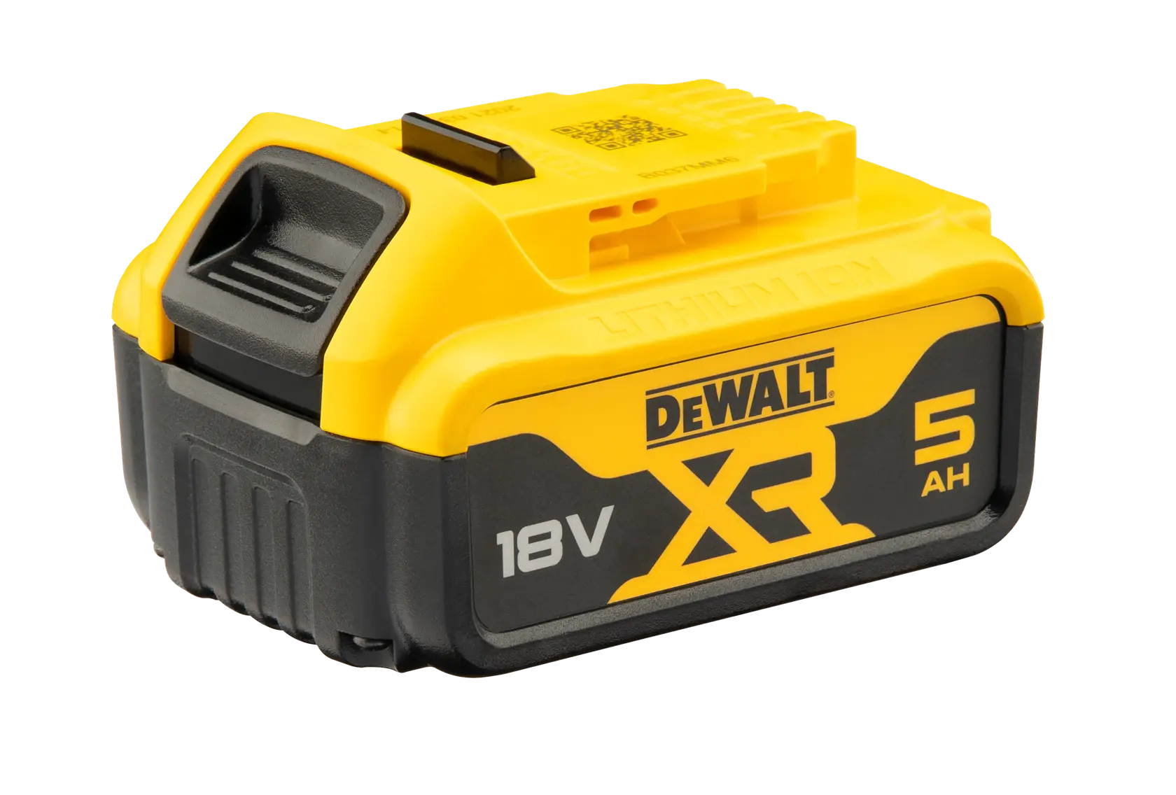 Ein DEWALT XR 18V 5Ah Lithium-Ionen-Akku für Elektrowerkzeuge, abgebildet in Gelb und Schwarz.