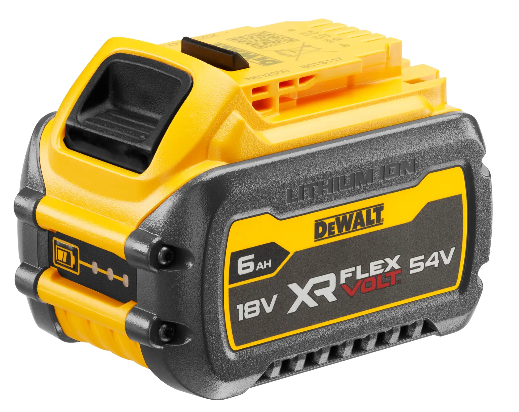 DEWALT XR FLEXVOLT 18V/54V 6Ah wiederaufladbarer Lithium-Ionen-Akku mit gelbem und schwarzem Gehäuse, Produktbranding und Spezifikationen auf der Seite.