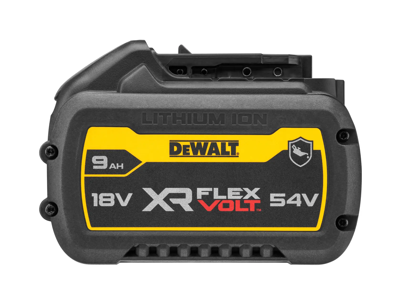 DEWALT FLEXVOLT Logo mit DEWALT in fettgedruckten gelben Buchstaben und FLEXVOLT in weißen und roten Buchstaben auf schwarzem Hintergrund.