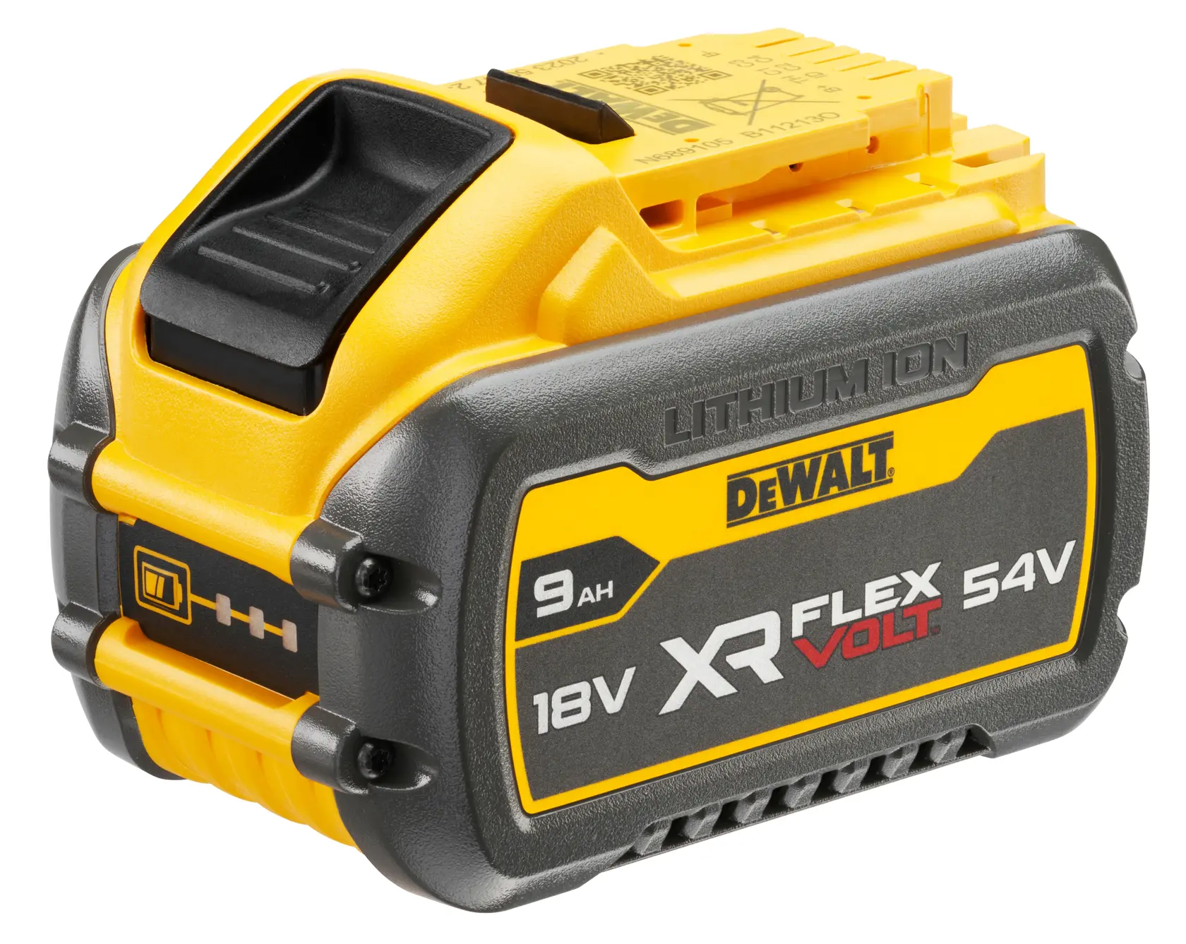 DEWALT XR FlexVolt 18V/54V Lithium-Ionen-Akku, Modell DCB547, mit einer Kapazität von 9Ah. Der Akku ist gelb und schwarz und zeigt technische Daten und die Markenbezeichnung an der Seite.