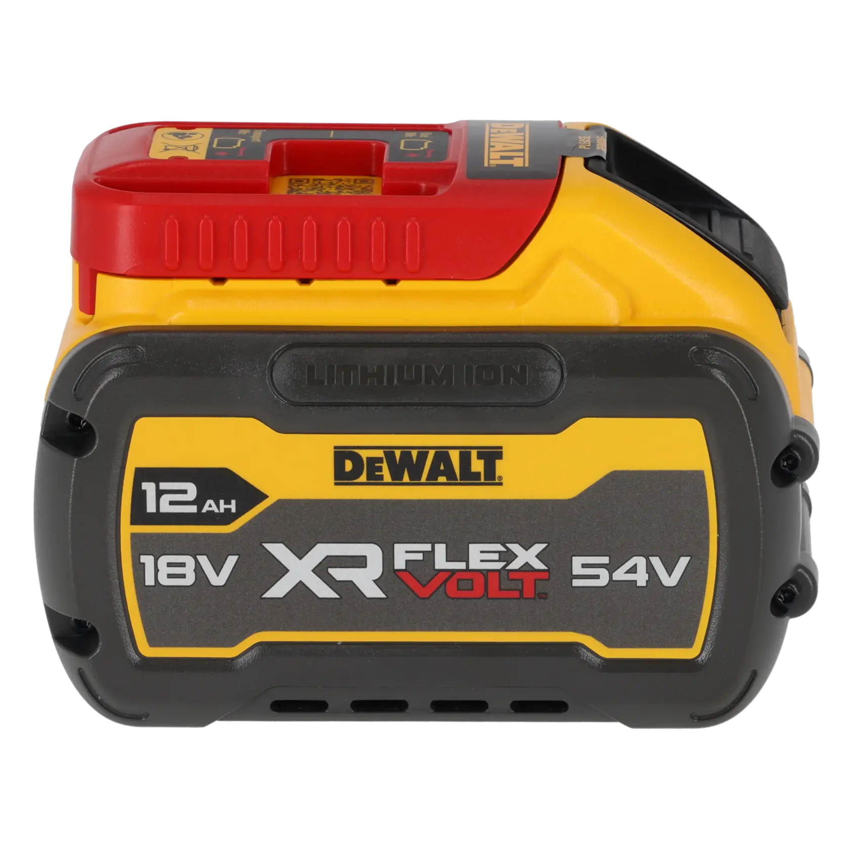 Batterie DEWALT XR FLEXVOLT 18V/54V, 12Ah, jaune et noire, avec loquet rouge dessus.