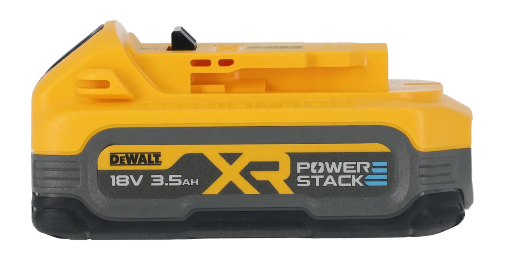 DEWALT XR PowerStack 18V 3.5Ah Lithium-Ionen-Akku für Werkzeuge, gelb und schwarz dargestellt.