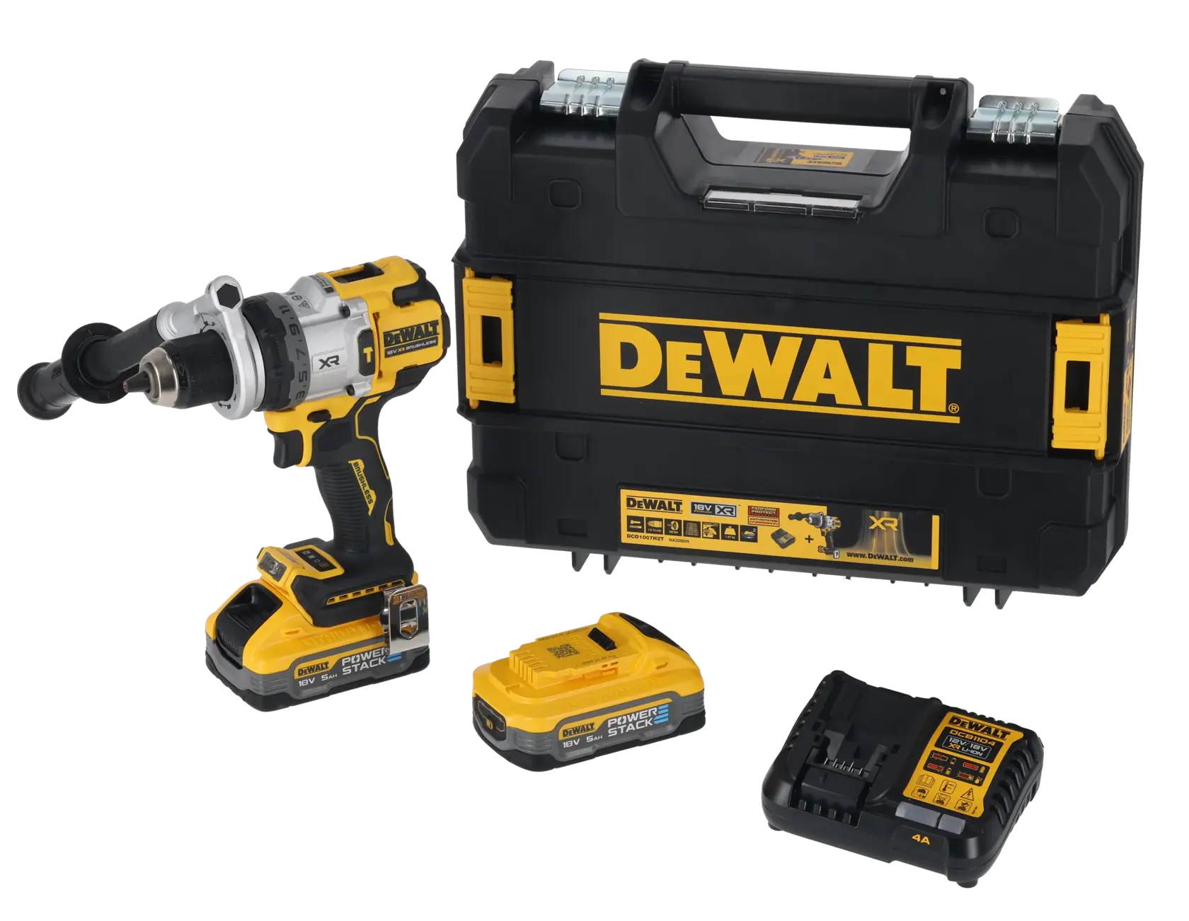 DEWALT Akku-Bohrmaschine Set mit zwei Batterien, Ladegerät und Transportkoffer in Schwarz und Gelb.