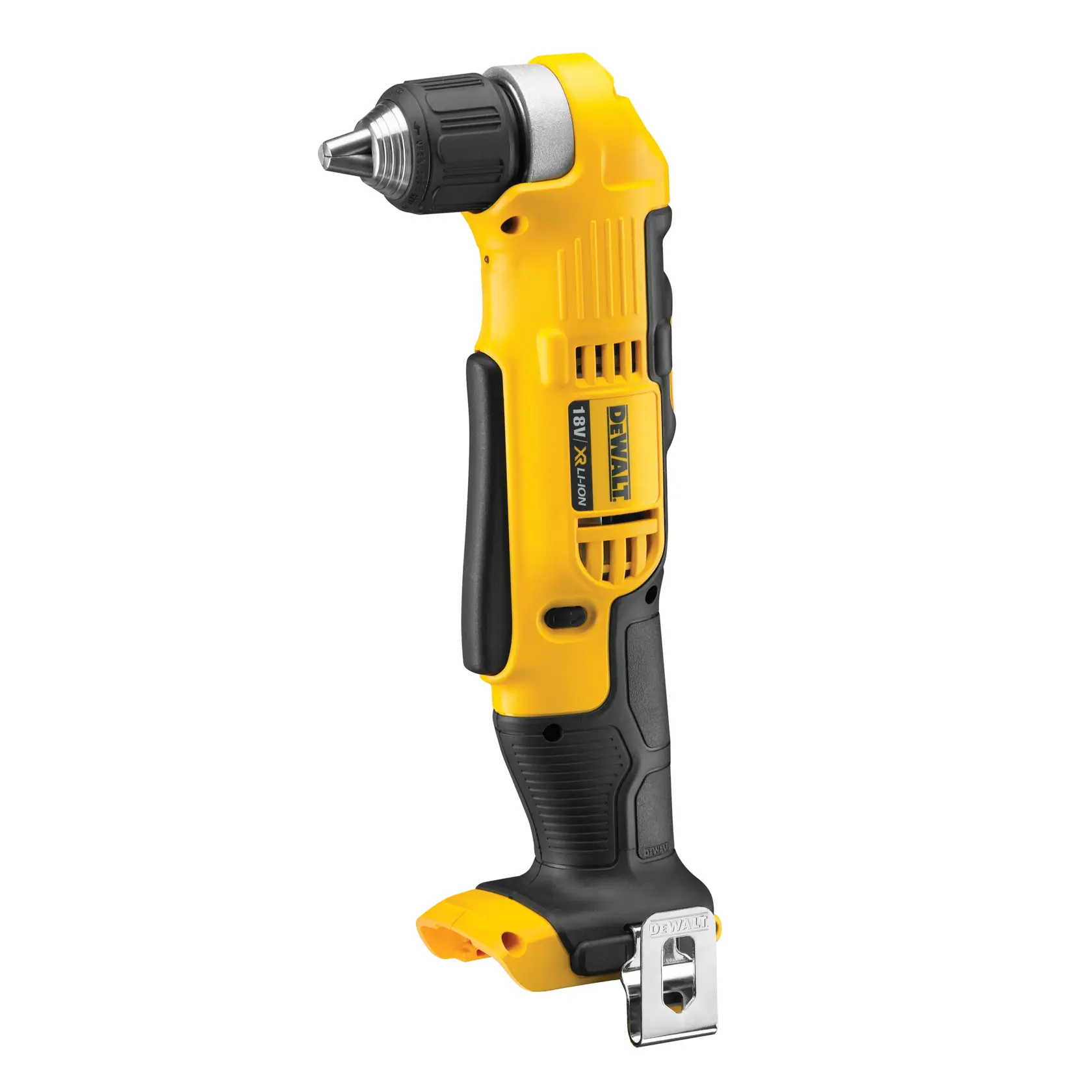DEWALT Akku-Winkelbohrmaschine in Gelb-Schwarz, stehend mit Metall-Gürtelclip dargestellt.