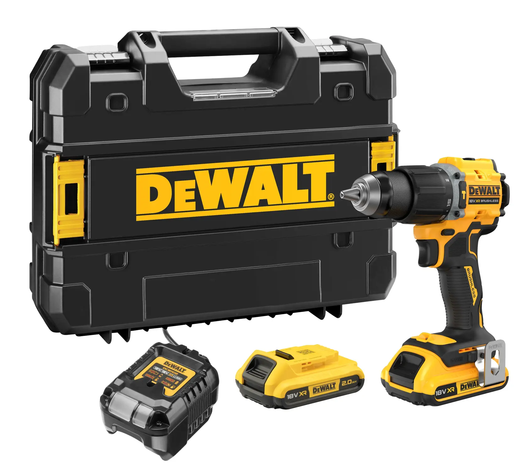 DEWALT-Bohrerset mit schwarzem Koffer, 18V Akku, Ladegerät und kabellosem Bohrer.