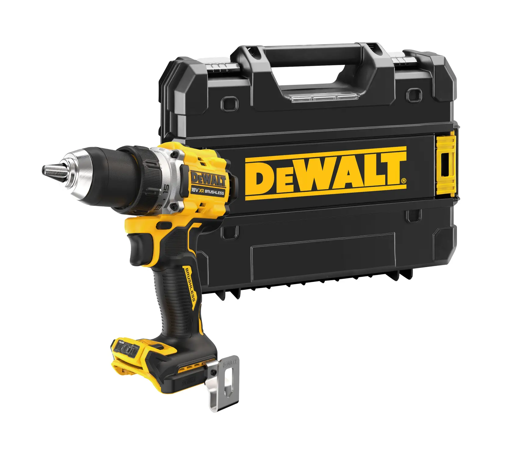 DEWALT Akku-Bohrmaschine DCD800NT mit schwarzem Transportkoffer auf weißem Hintergrund.