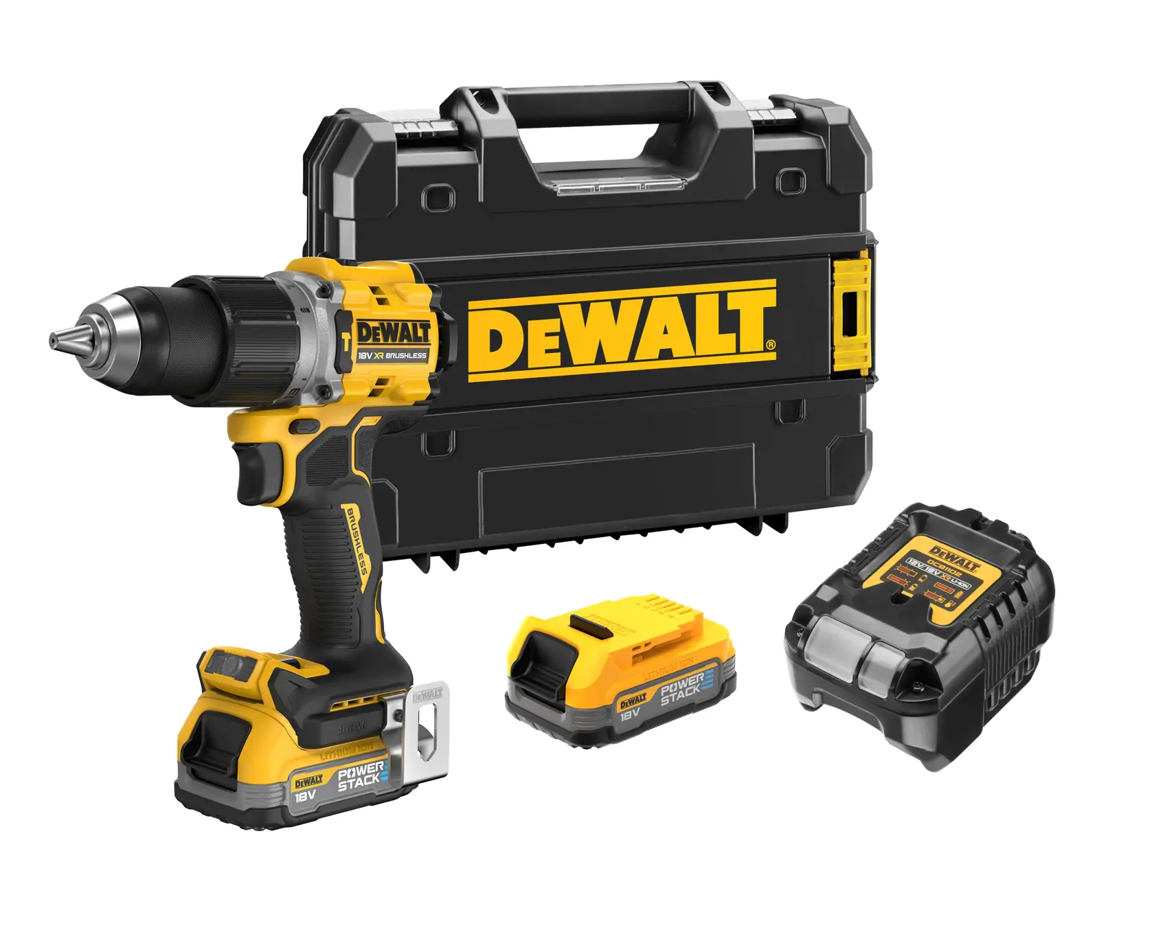 DEWALT Akku-Bohrerset mit Batterie, Ladegerät und stabilem Koffer in Gelb und Schwarz.