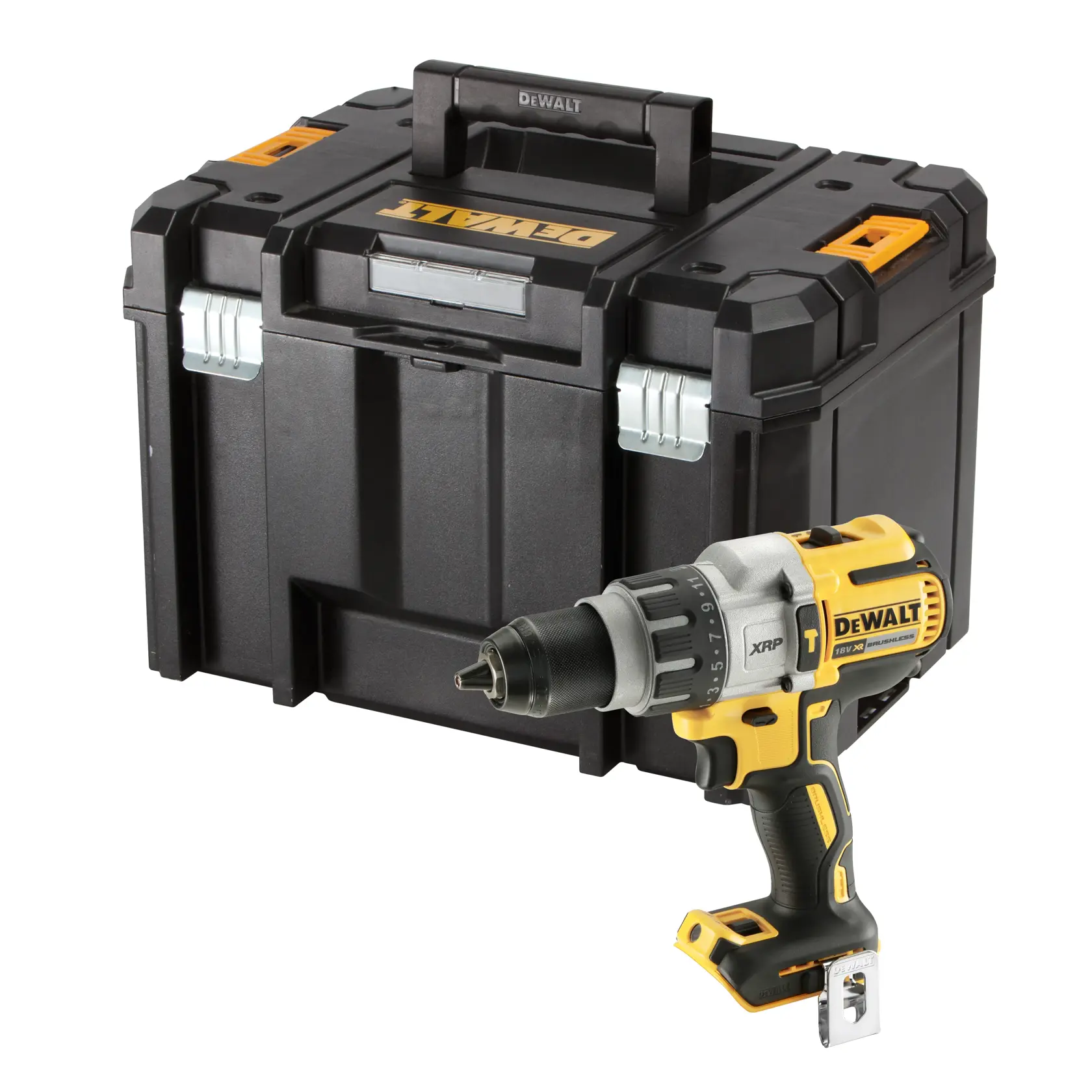 DEWALT Akku-Bohrmaschine mit schwarzem Werkzeugkasten. Kompakte Bauweise für Profis.