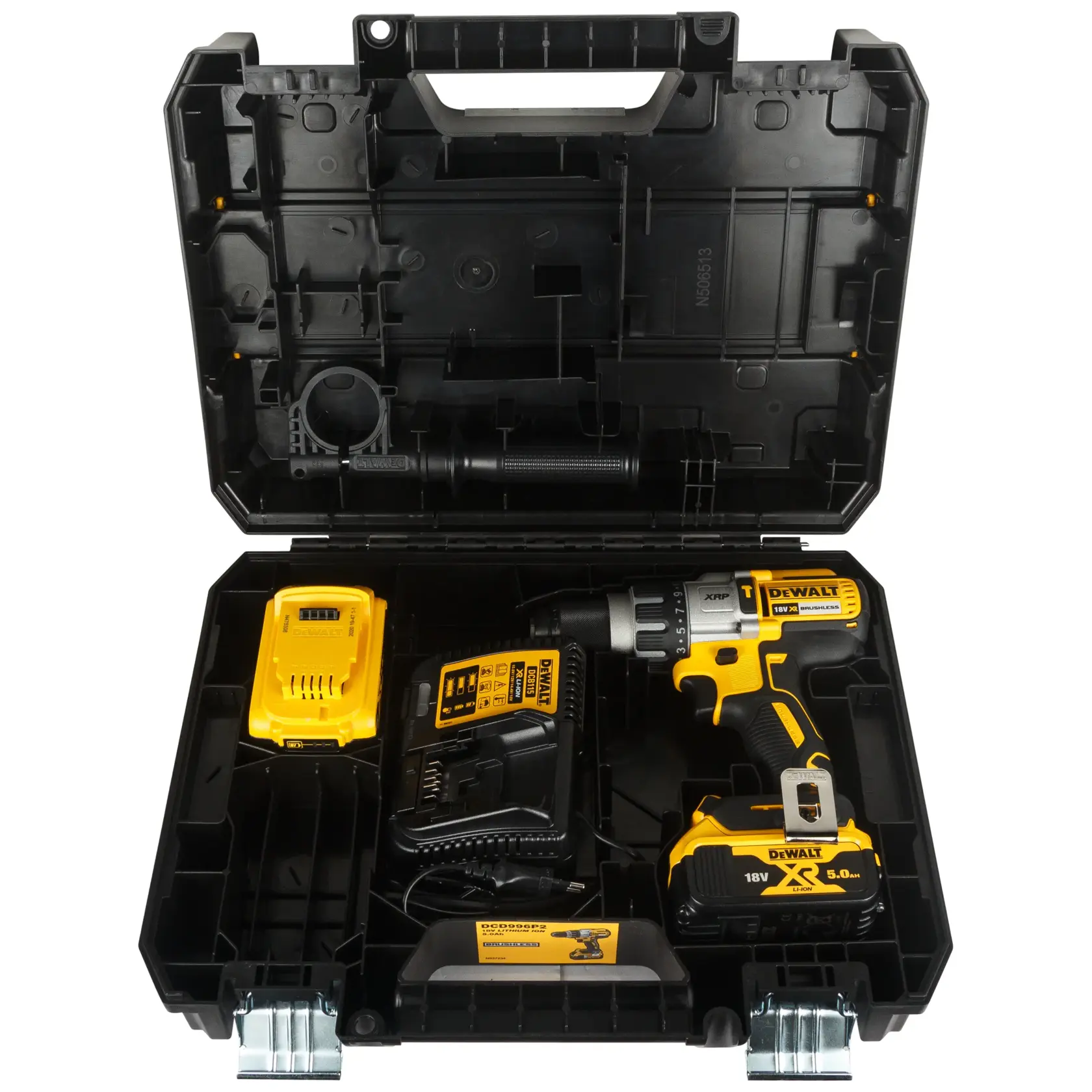 DEWALT-Bohrerset im Koffer, SKUs DCD996P2 und DCD996P2-QW, mit Ladegerät. Fotografie-Kategorie.