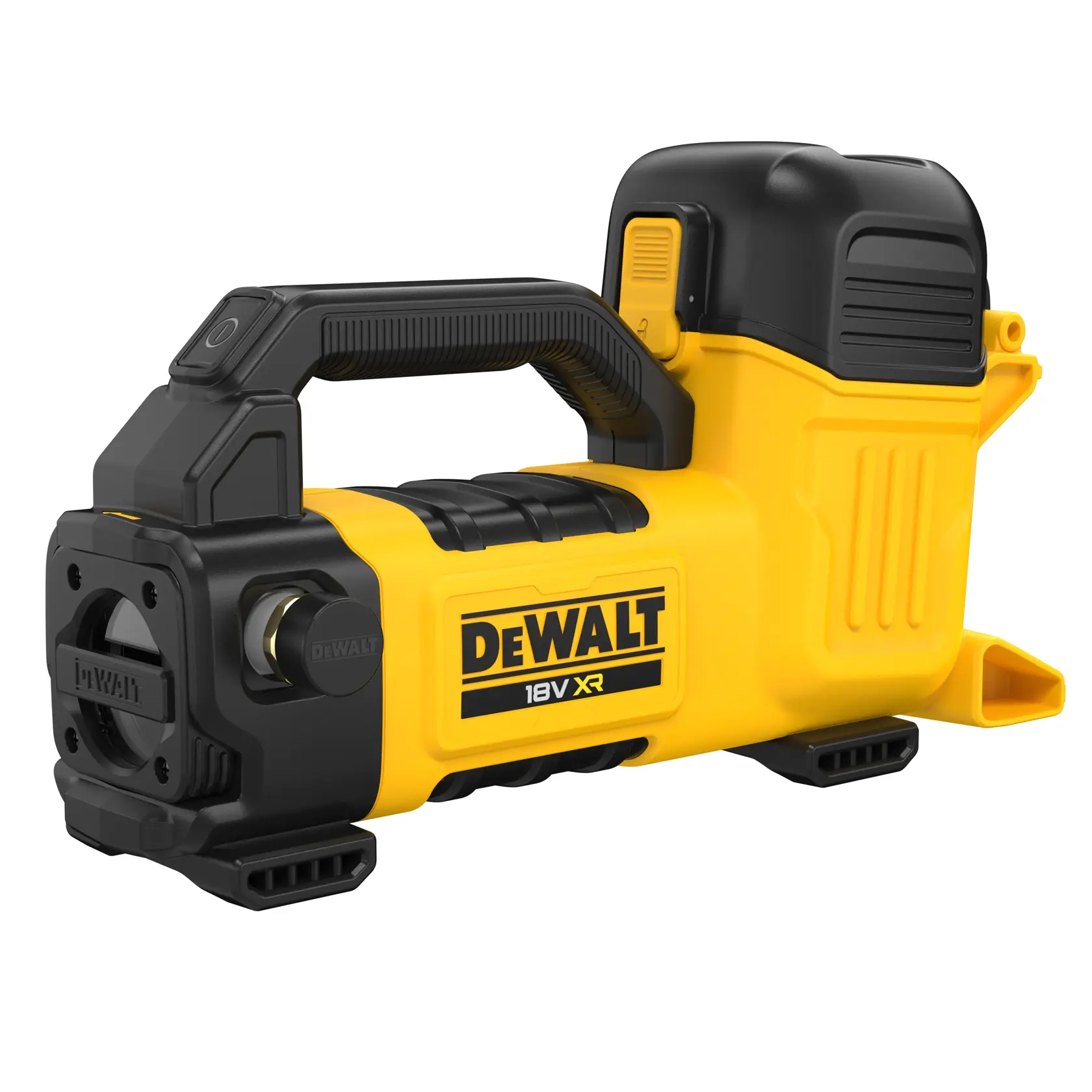 Herramienta fotográfica DEWALT 18V XR inalámbrica, diseño robusto amarillo y negro y asa de transporte.