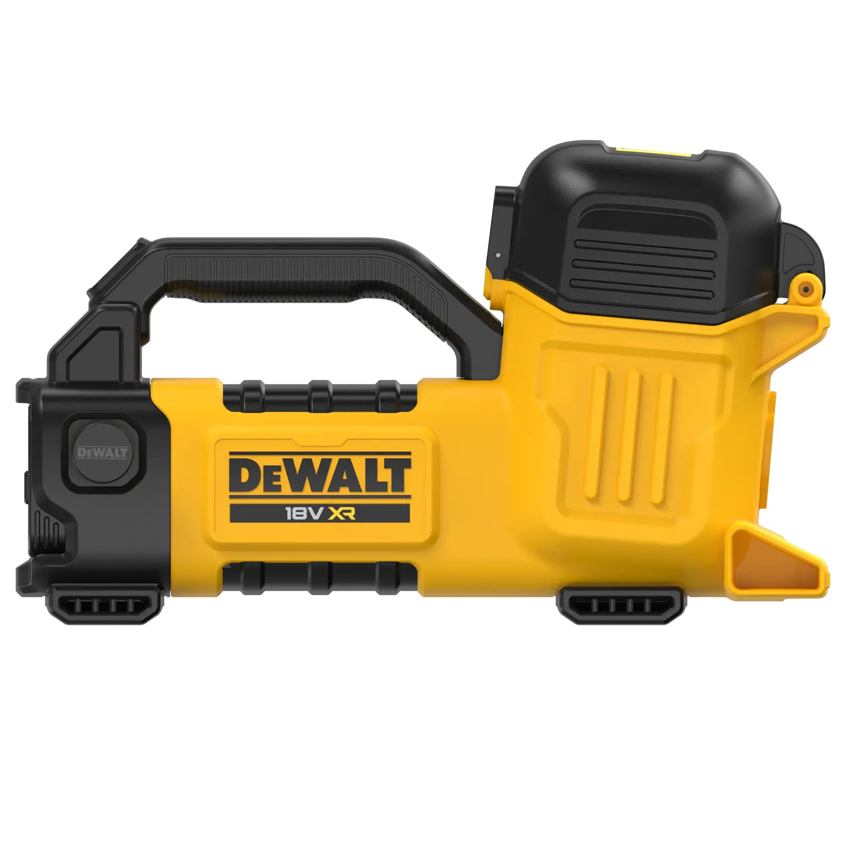Nivel láser DEWALT 18V XR amarillo y negro con asa, modelo DCE050N, sobre fondo blanco.