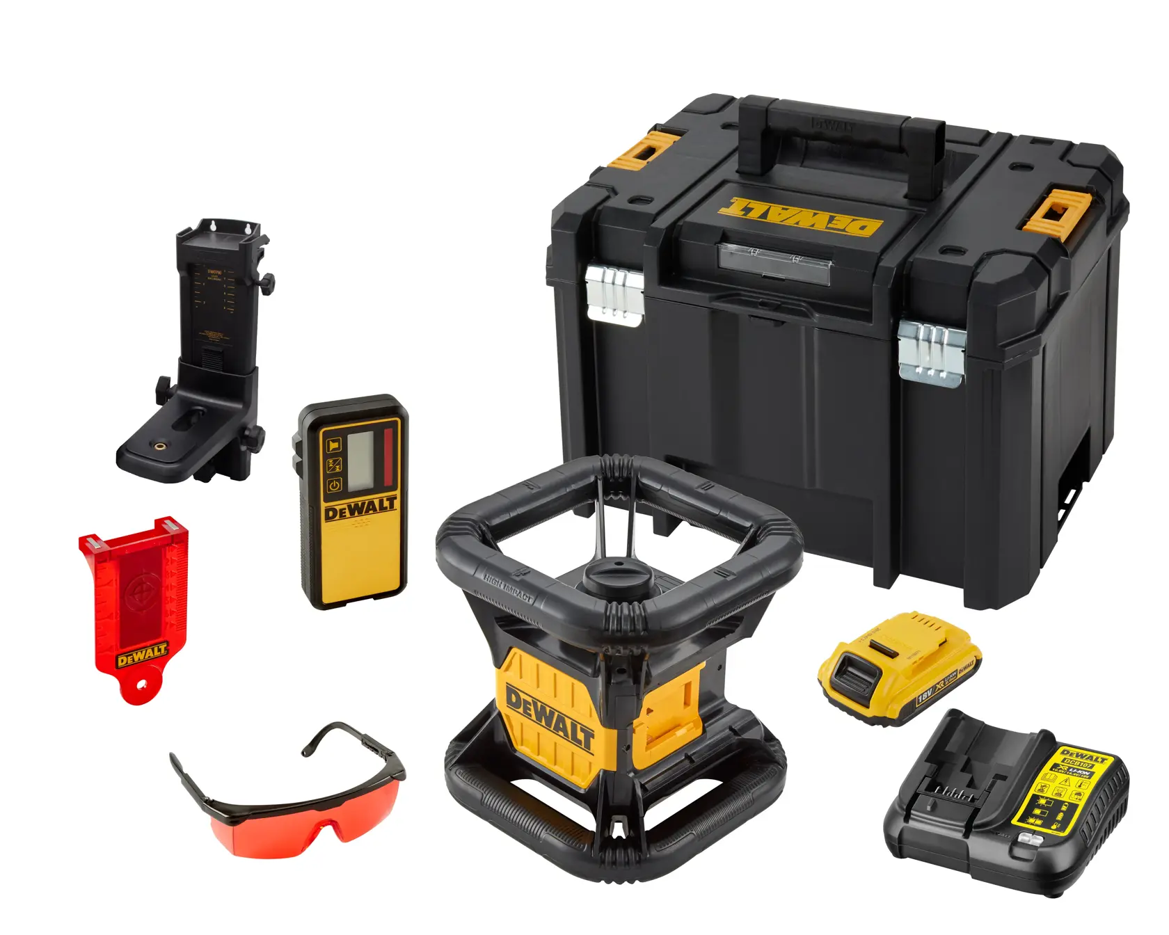 Ein DEWALT-Fotografie-Produktset mit gelb-schwarzem Stativ, großem schwarzem Transportkoffer, Messstab, Laser-Niveau, Akku-Ladegerät, Detektor, roten Schutzbrillen und verschiedenen Zubehörteilen, auf weißem Hintergrund angeordnet.