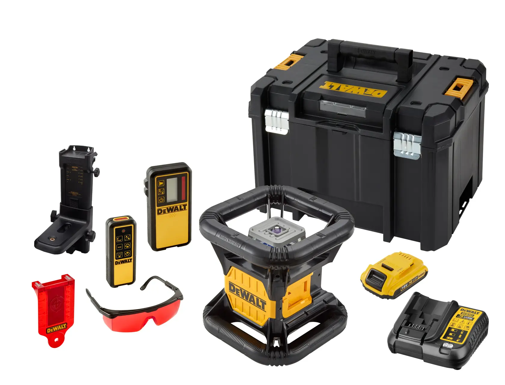 DEWALT Laser-Nivellierkit mit robustem Rotationslaser, verschiedenen Zubehörteilen wie Laserdetektor, Fernbedienung, Montagehalterung, roten Laserbrillen, Zielkarte, Ladegerät, Akku und einer stabilen schwarzen Aufbewahrungsbox mit gelben Akzenten, alles auf weißem Hintergrund angeordnet.