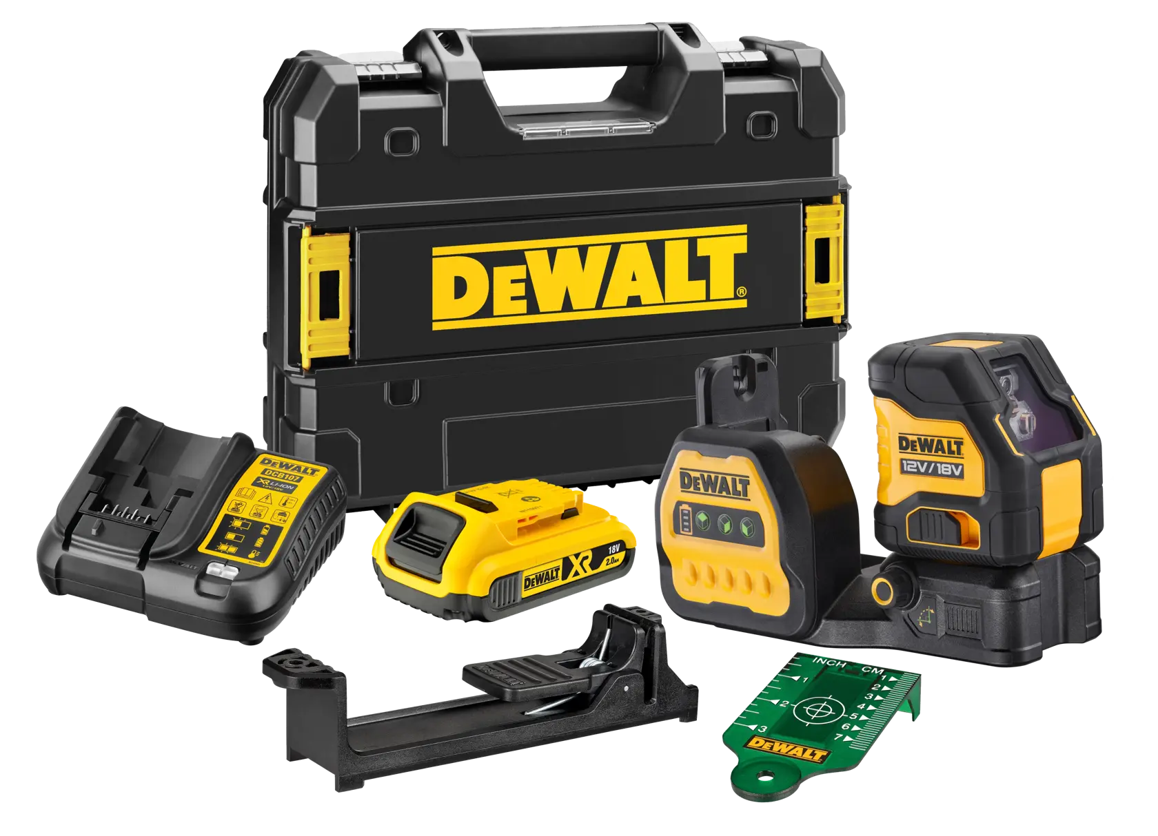 DEWALT Fotografiegerät, SKUs DCE088D1G18-QW und DCE088D1G18, gelbes und schwarzes Design.