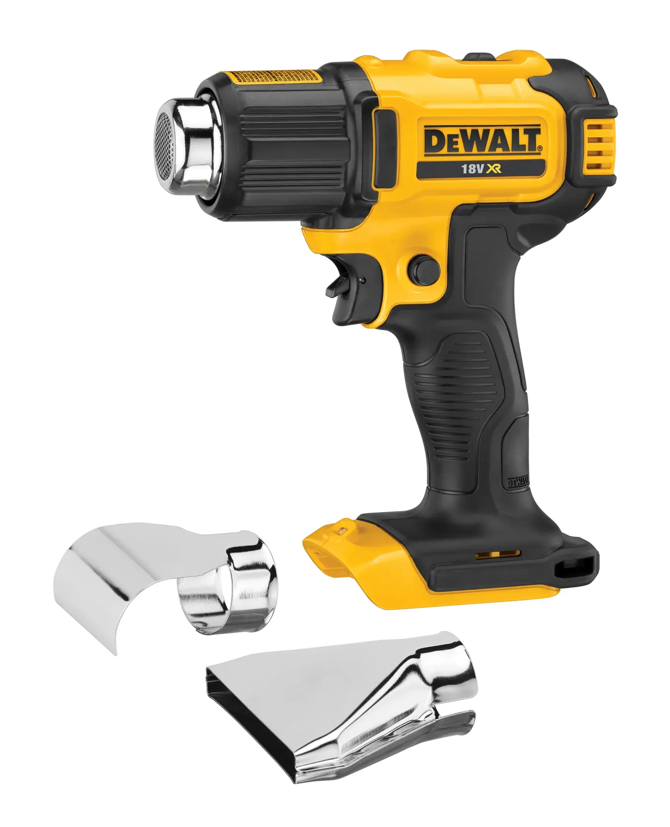 Ein gelber und schwarzer DEWALT 18V XR Akku-Heißluftgebläse mit zwei austauschbaren Metalldüsen, die davor platziert sind.