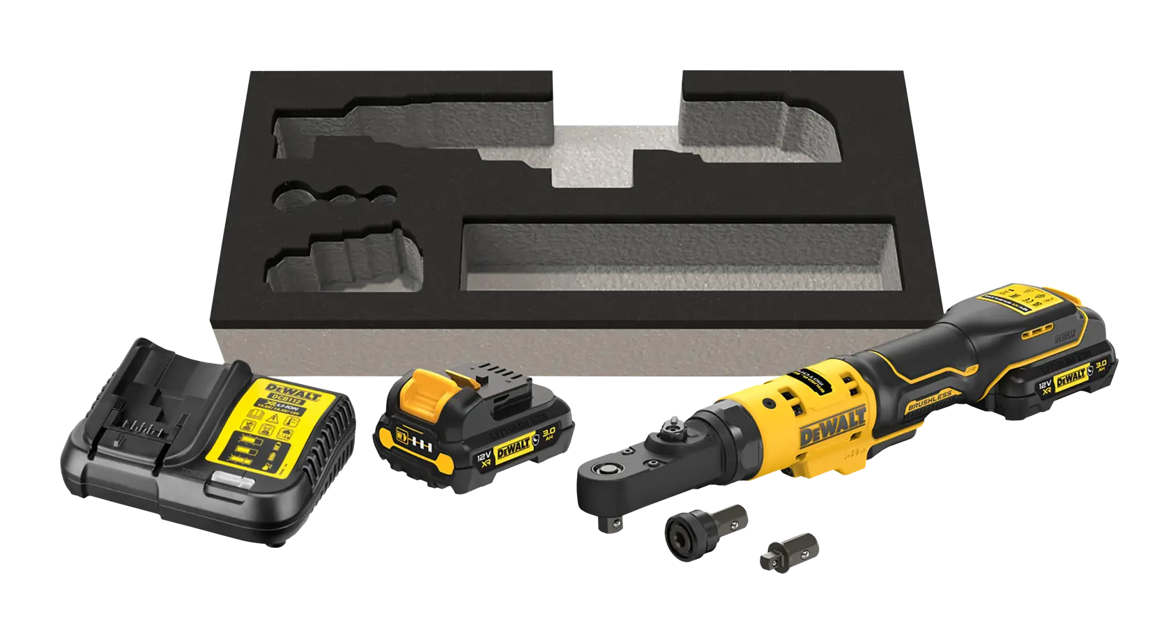 DEWALT Akku-Ratschensatz mit Ladegerät, Akku, Zubehör und Schaumstoffablage auf weißem Hintergrund.