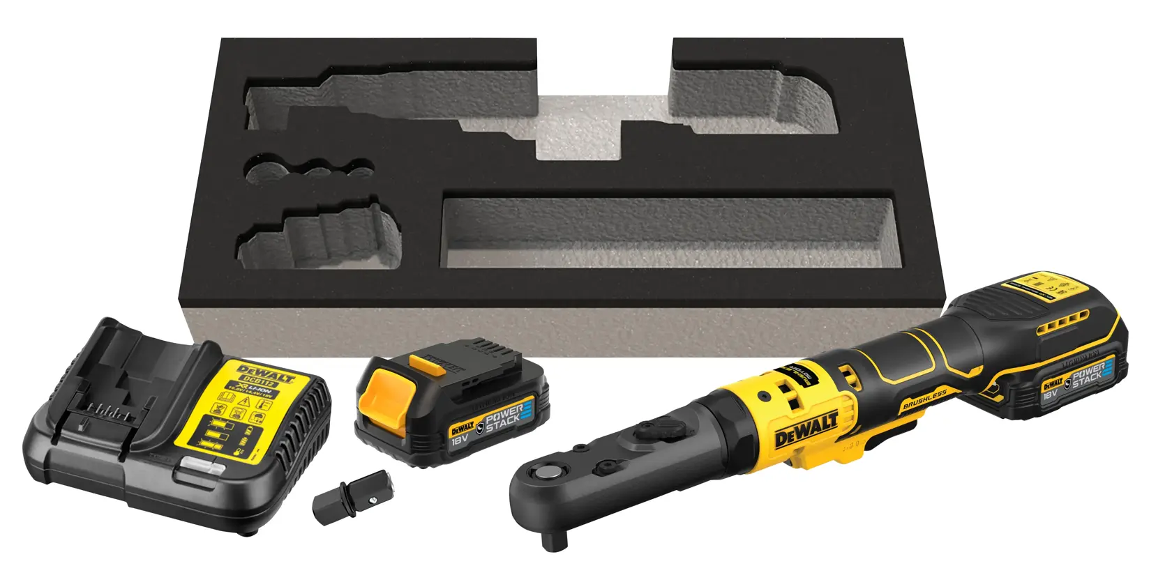 DEWALT Akku-Ratschensatz mit Werkzeug, Akku, Ladegerät, Adapter und Schaumstoffeinlage auf weißem Hintergrund.