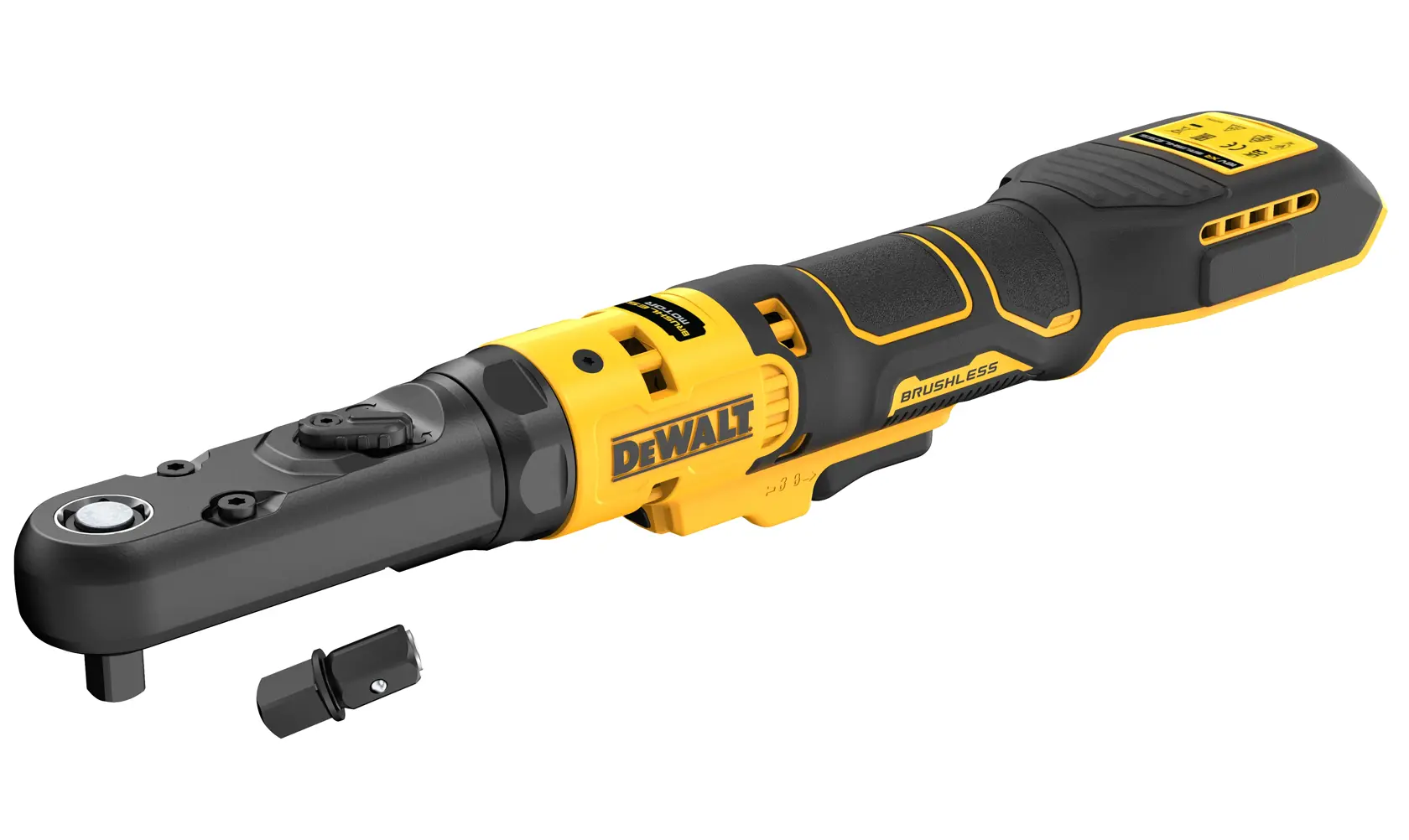 DEWALT DCF510N kabelloser Ratschen-Schraubenschlüssel mit Adapter, schwarz-gelbes Design.