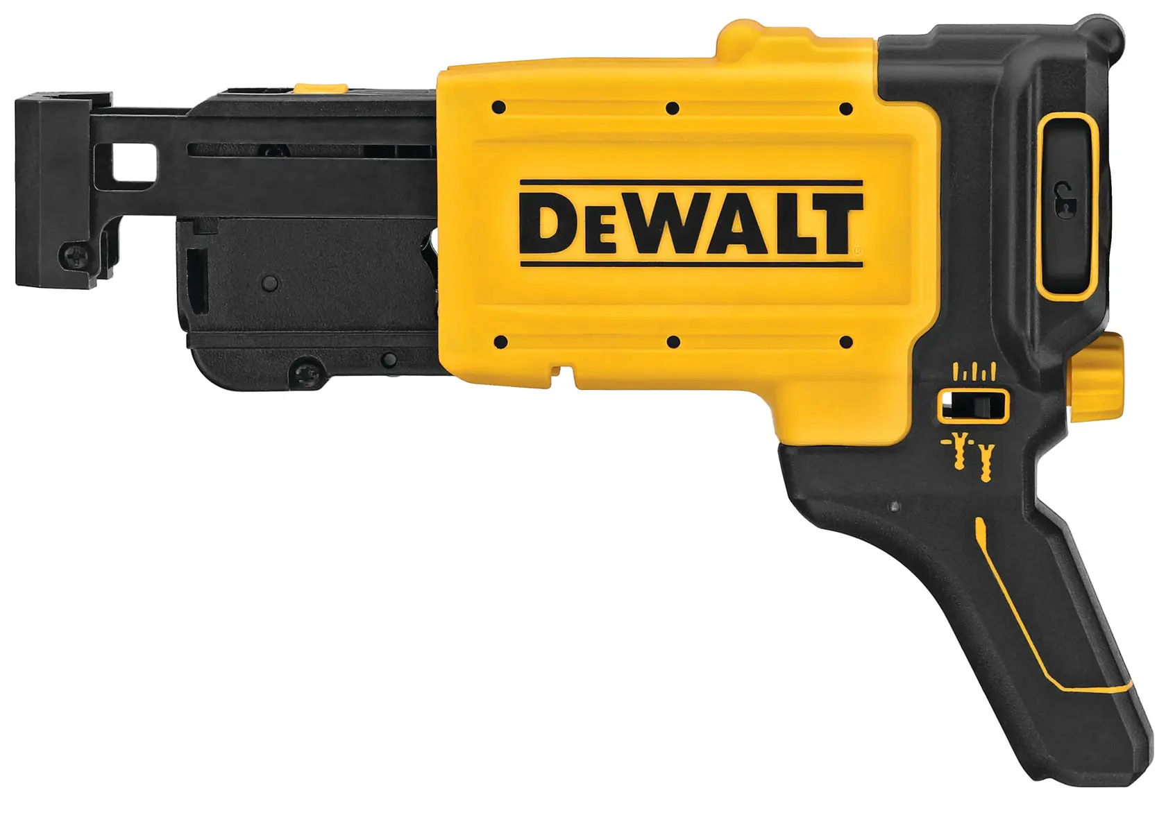 Seitenansicht eines DEWALT DCF6202 Trockenbauschrauber-Aufsatzes für Elektrowerkzeuge, mit einem gelb-schwarzen Griff und Gehäuse.