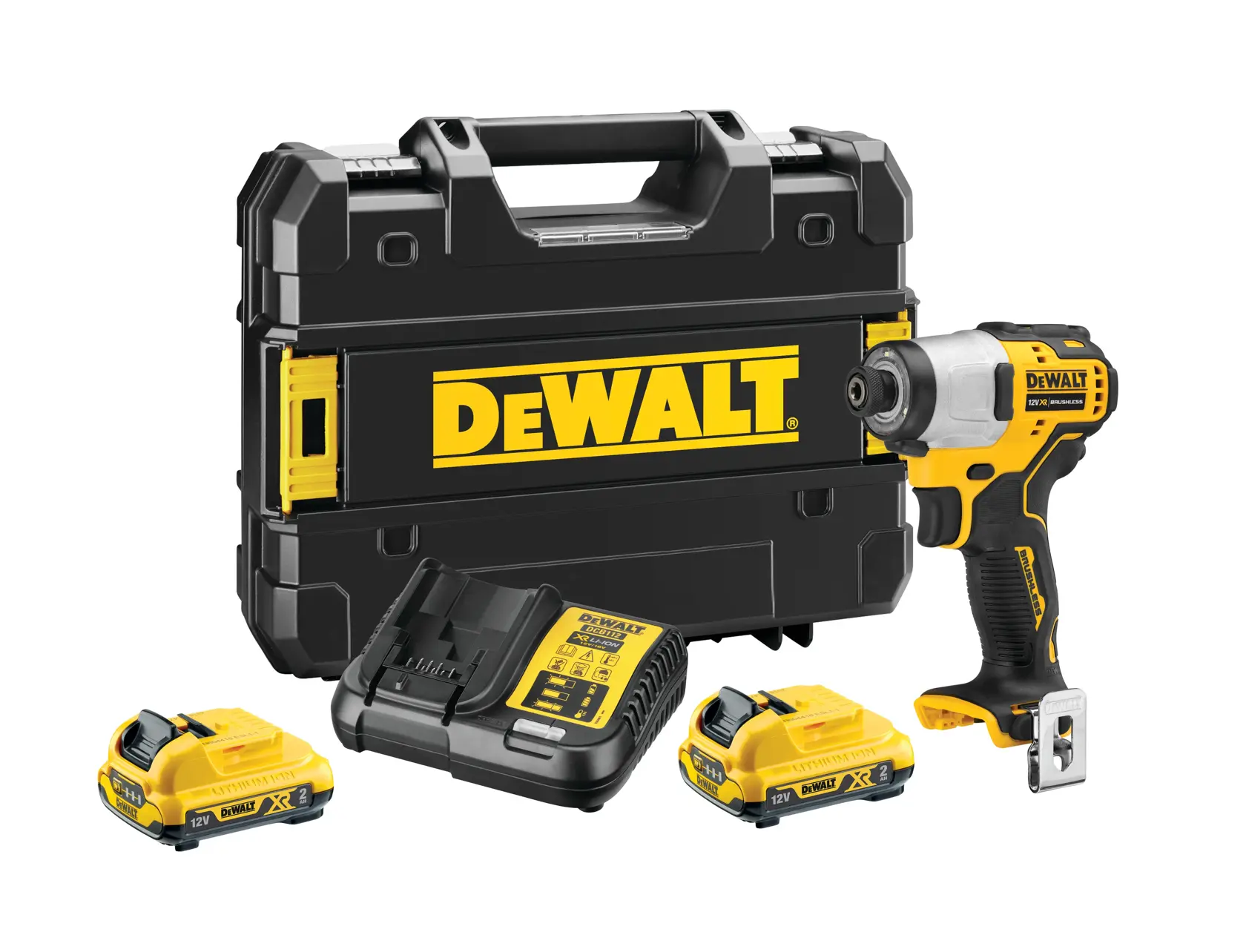 DEWALT Akku-Schlagschrauber-Set mit Batterien, Ladegerät und Transportkoffer.