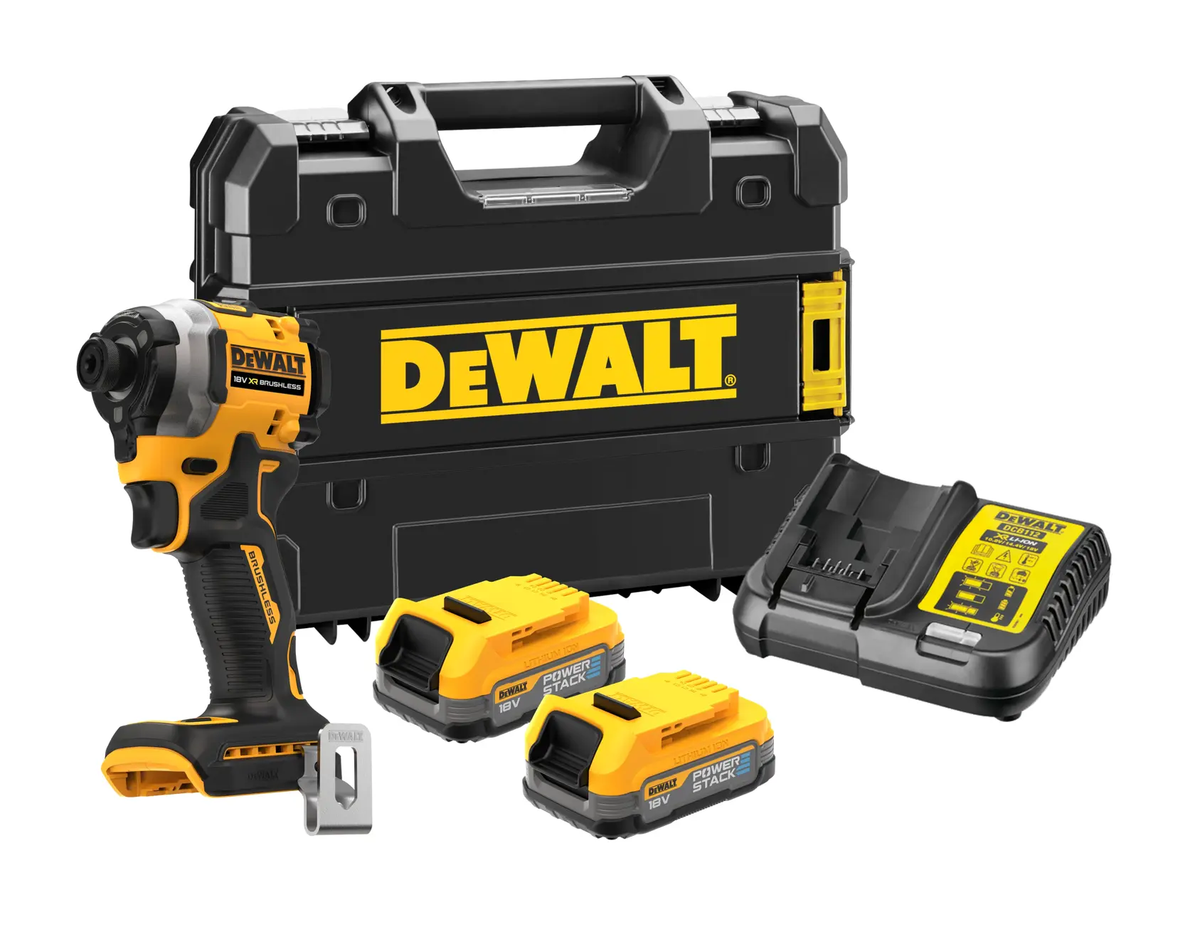 DEWALT Akku-Schlagschrauber-Set mit Koffer, zwei Akkus und Ladegerät auf weißem Hintergrund.