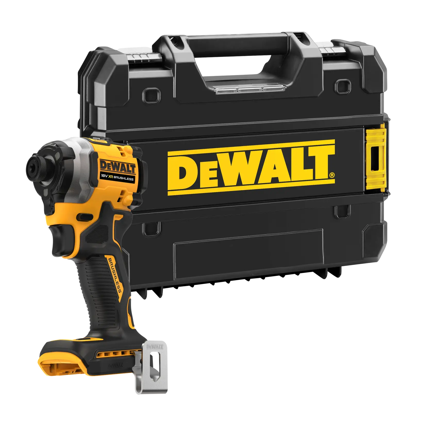 DEWALT Akku-Schlagschrauber mit schwarzem Transportkoffer und gelbem DEWALT-Logo.