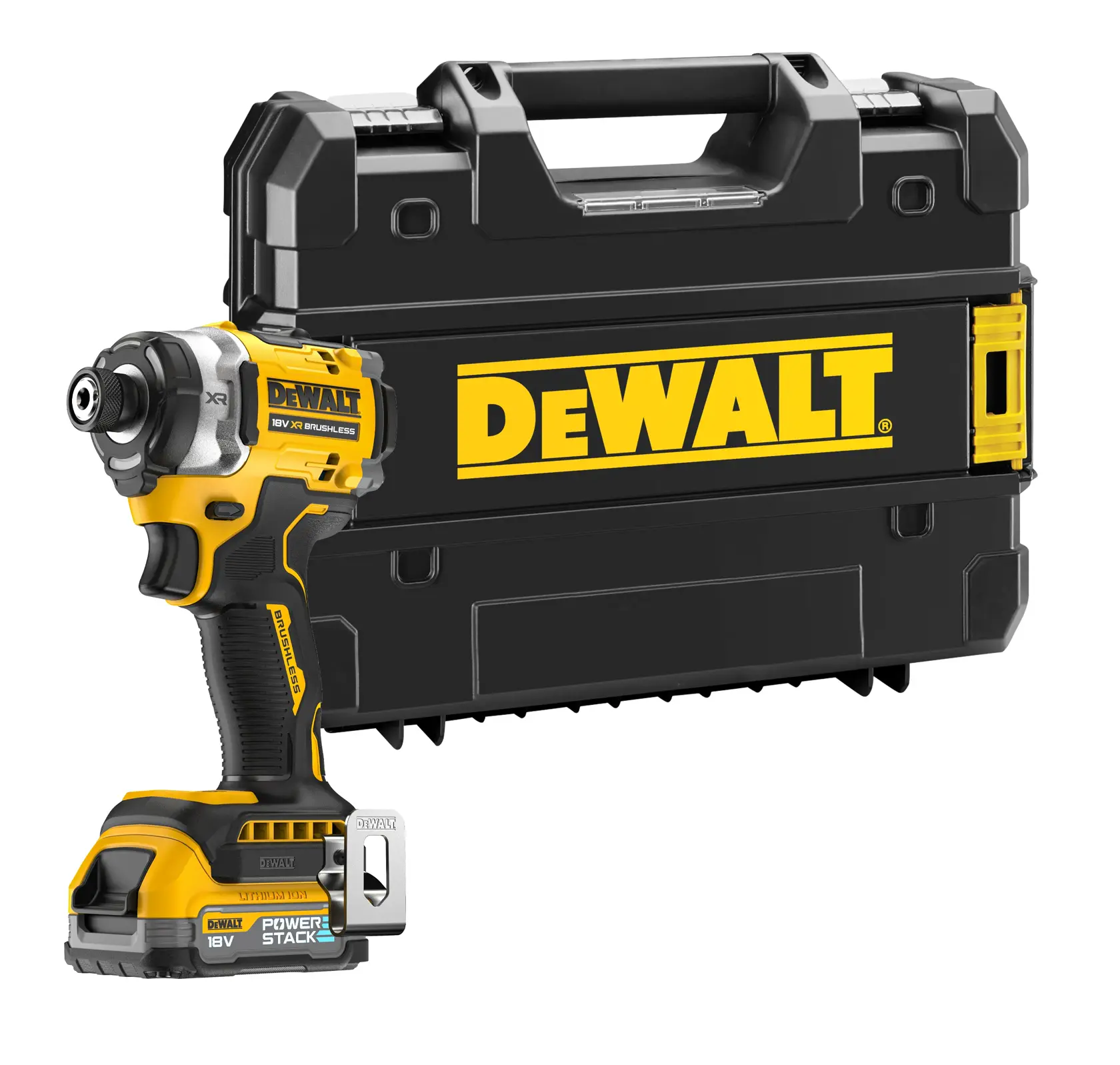 DEWALT Akku-Schlagschrauber und schwarze Transportbox mit gelbem DEWALT-Logo.
