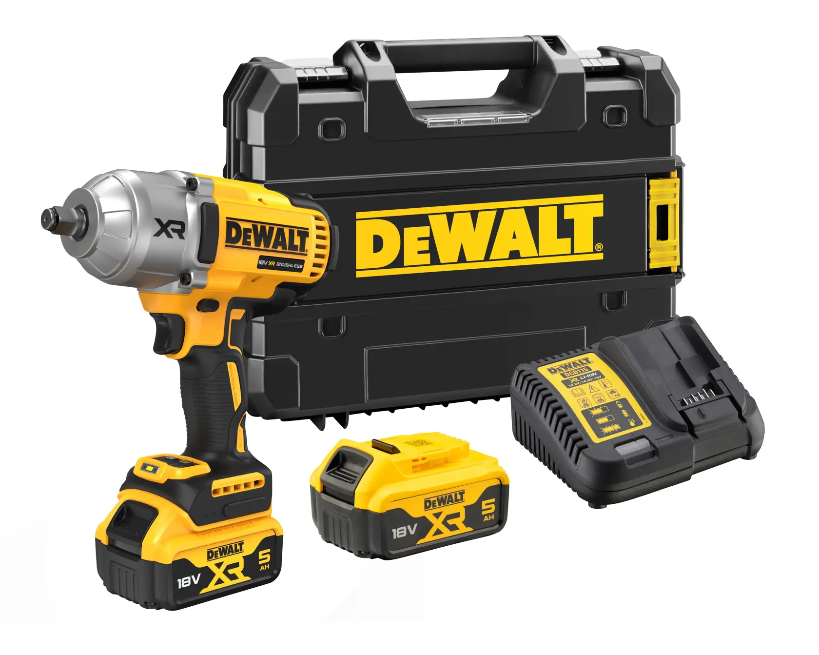 Ein DEWALT-Set mit einem kabellosen Schlagschrauber, zwei 18V XR-Akkus, einem Ladegerät und einem schwarzen Transportkoffer mit gelbem DEWALT-Logo.
