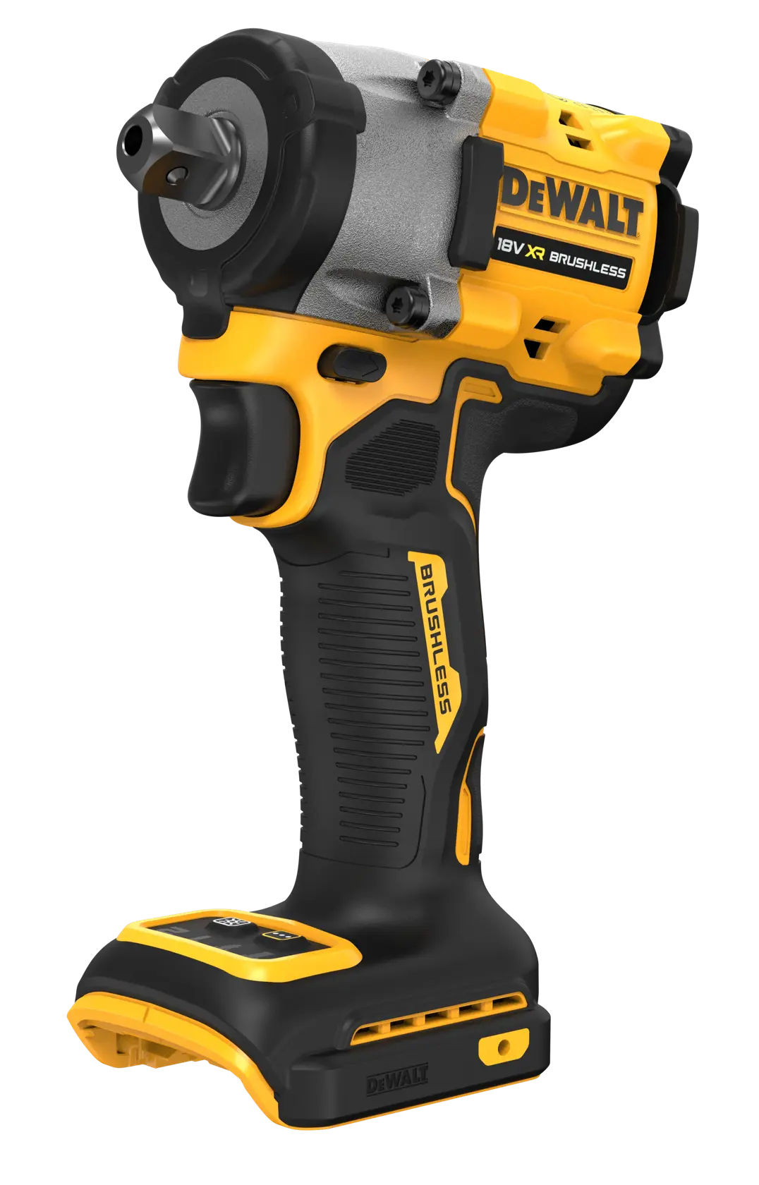 Ein kabelloser DEWALT 18V XR Brushless Schlagschrauber mit ergonomischem gelb-schwarzem Design, abgebildet ohne eingesetzten Akku.