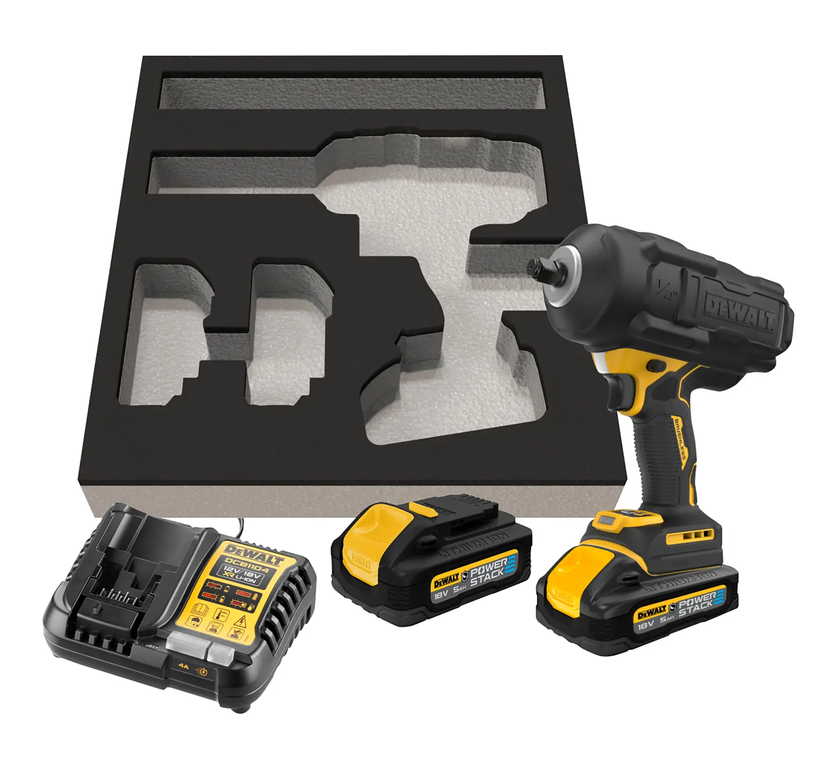 DEWALT Schlagschrauber-Set mit zwei Akkus, Ladegerät und Schaumstoffeinsatz zur Aufbewahrung.
