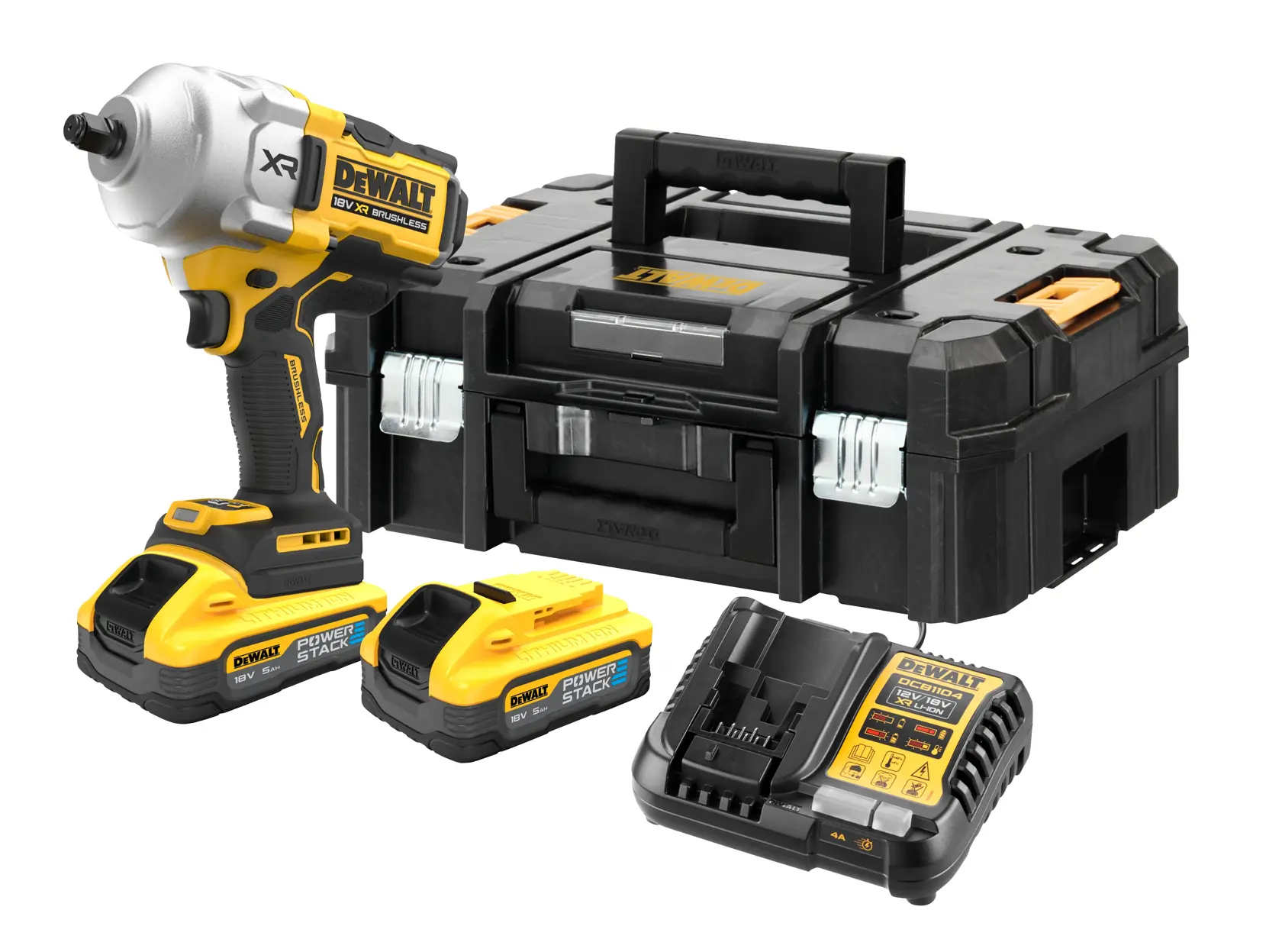 DEWALT Akku-Schlagschrauber-Set mit Batterie, Ladegerät und schwarzem Koffer vor weißem Hintergrund.