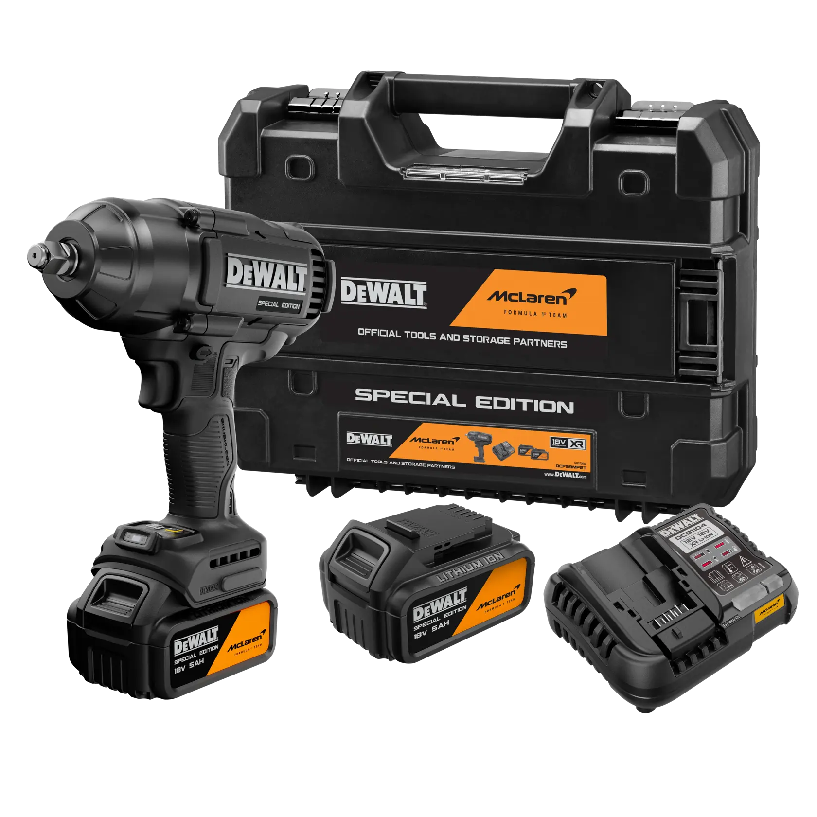 DEWALT Fotokit DCF99MP2T-QW, DCF99MP2T mit Werkzeug, Akkus, Ladegerät und Koffer, McLaren Sonderedition.