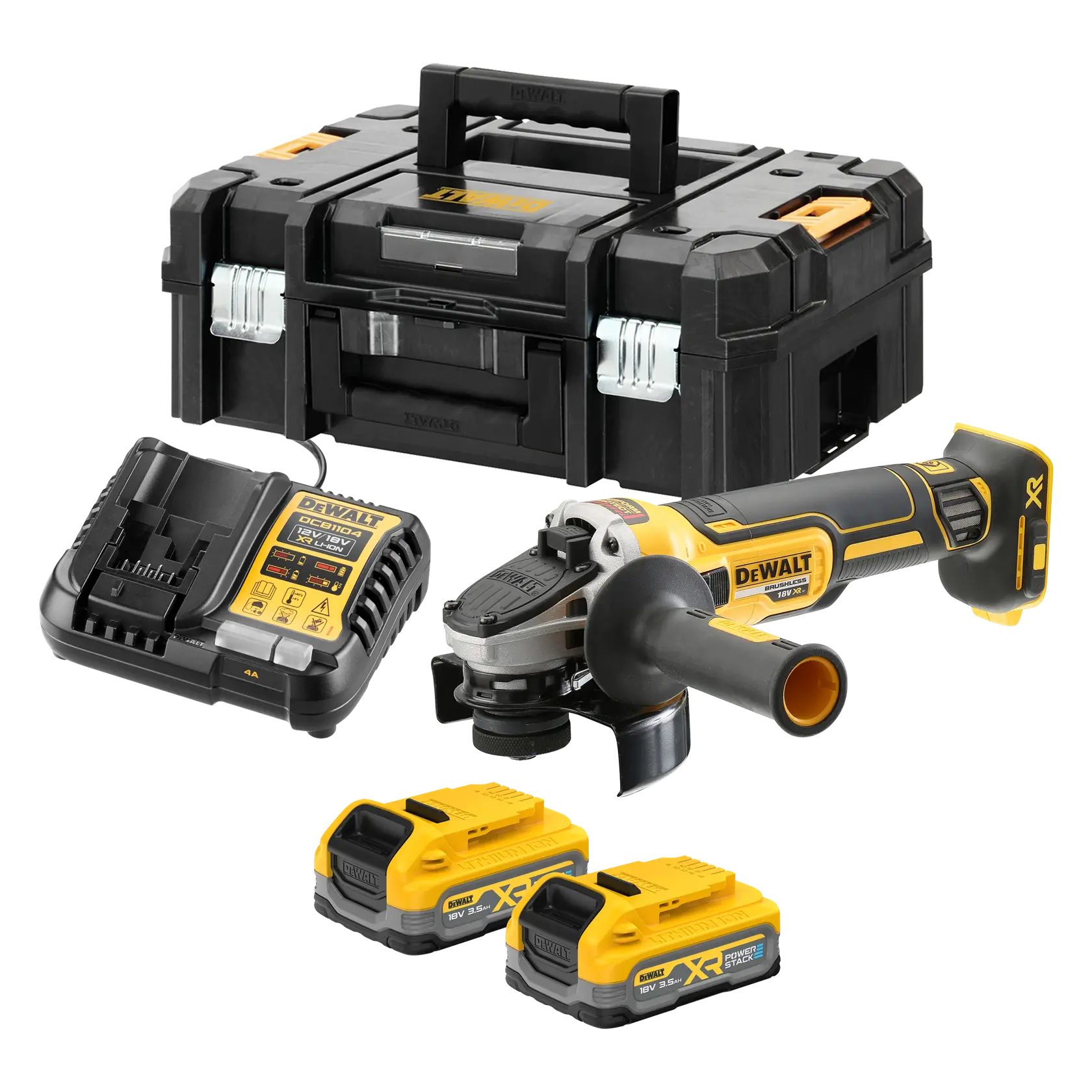 DEWALT Akku-Winkelschleifer-Set mit einem schwarz-gelben Winkelschleifer, zwei wiederaufladbaren Akkus, einem Ladegerät und einem stabilen schwarzen Transportkoffer.