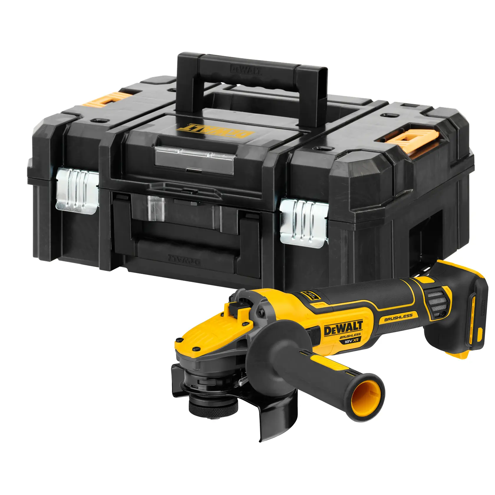 Ein DEWALT Akku-Winkelschleifer mit einem schwarzen und gelben Design, abgebildet mit einem passenden, robusten schwarzen Transportkoffer mit Metallverschlüssen und Griff.