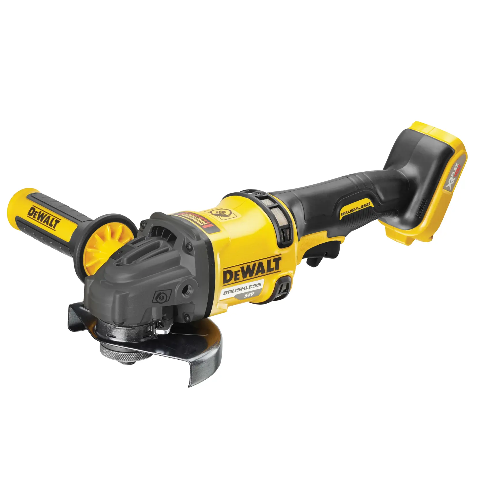 Gelb-schwarzer DEWALT Akku-Winkelschleifer mit bürstenlosem Motor und Seitenhandgriff.