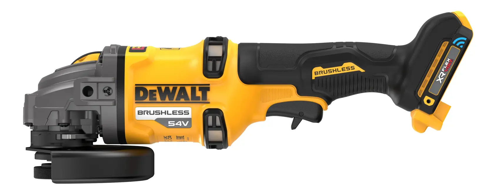 DEWALT 54V Akku-Winkelschleifer, schwarz-gelbes Design, Seitenansicht, mit befestigtem Akku.