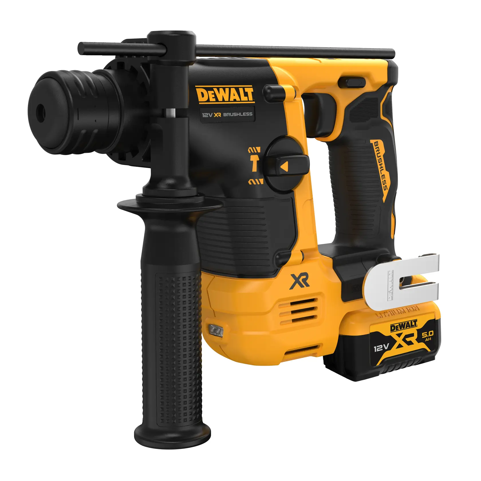 DEWALT 12V XR bürstenloser Bohrhammer mit Seitengriff und Akku im Close-up.