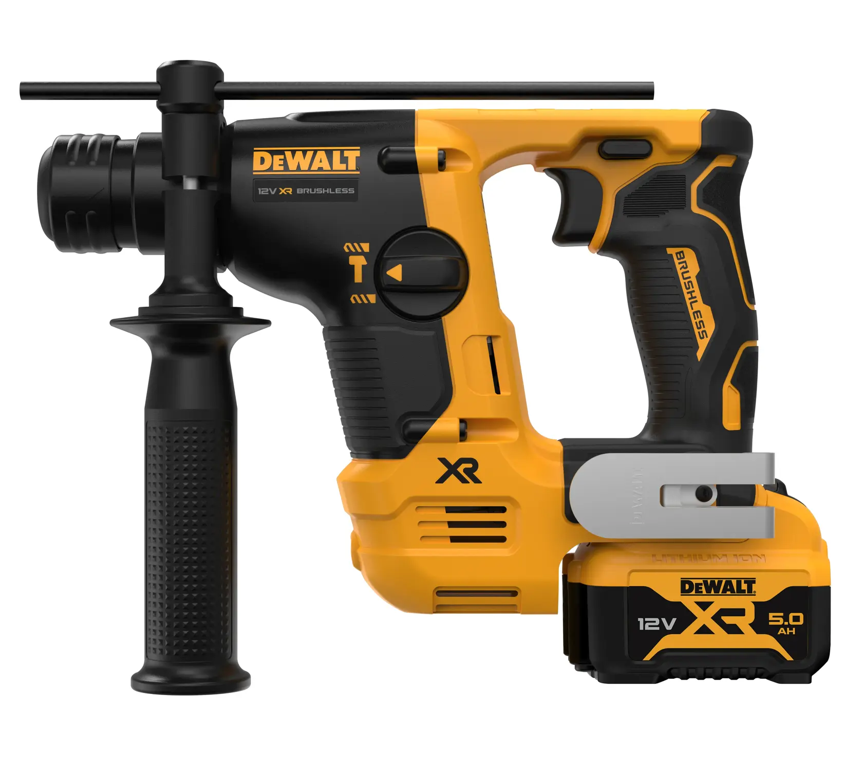 Grafik mit DEWALT XTREME Sub-Compact Series Branding und dem Slogan 'Kompakt und leistungsstark' auf gelbem Hintergrund.